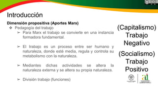 Introducción
Dimensión propositiva (Aportes Marx)
❖ Pedagogía del trabajo
➢ Para Marx el trabajo se convierte en una instancia
formadora fundamental.
➢ El trabajo es un proceso entre ser humano y
naturaleza, donde esté media, regula y controla su
metabolismo con la naturaleza.
➢ Mediantes dichas actividades se altera la
naturaleza externa y se altera su propia naturaleza.
➢ División trabajo (funciones)
(Capitalismo)
Trabajo
Negativo
(Socialismo)
Trabajo
Positivo
 
