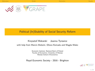 Motivation Model Motivation Results
Political (In)Stability of Social Security Reform
Krzysztof Makarski Joanna Tyrowicz
with help from Marcin Bielecki, Oliwia Komada and Magda Malec
Economic Institute, National Bank of Poland
Faculty of Economics, University of Warsaw
Warsaw School of Economics
Royal Economic Society - 2016 - Brighton
1 / 24
 