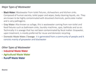 Source:
Major Types of Wastewater
• Black Water: Wastewater from toilet fixtures, dishwashers and kitchen sinks.
Composed of human excreta, toilet paper and wipes; body cleaning liquids, etc. They
are known to be highly contaminated with dissolved chemicals, particulate matter
and is very pathogenic.
• Gray Water: Also known as sullage, this is wastewater coming from non-toilet and
food fixtures such as bathroom sinks, laundry machines, spas, bathtubs and so on.
Technically it is sewage that has not been contaminated by fecal matter. Graywater,
upon treatment, is mostly preferred for reuse and domestic recycling.
• Domestic Waste Water / Sewage: it is generated from a community of people and It
consists mainly of greywater and blackwater
Other Types of Wastewater
• Industrial Waste Water
• Agricultural Waste Water
• Runoff Waste Water
 