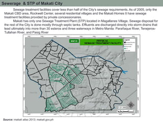 Source: makati atlas 2013; makati.gov.ph
Sewerage & STP of Makati City
Sewage treatment facilities cover less than half of the City’s sewage requirements. As of 2005, only the
Makati CBD area, Rockwell Center, several residential villages and the Makati Homes II have sewage
treatment facilities provided by private concessionaires.
Makati has only one Sewage Treatment Plant (STP) located in Magallanes Village. Sewage disposal for
the rest of the City is done mostly through septic tanks. Effluents are discharged directly into storm drains that
lead ultimately into more than 30 esteros and three waterways in Metro Manila: Parañaque River, Tenejeros-
Tullahan River, and Pasig River
 