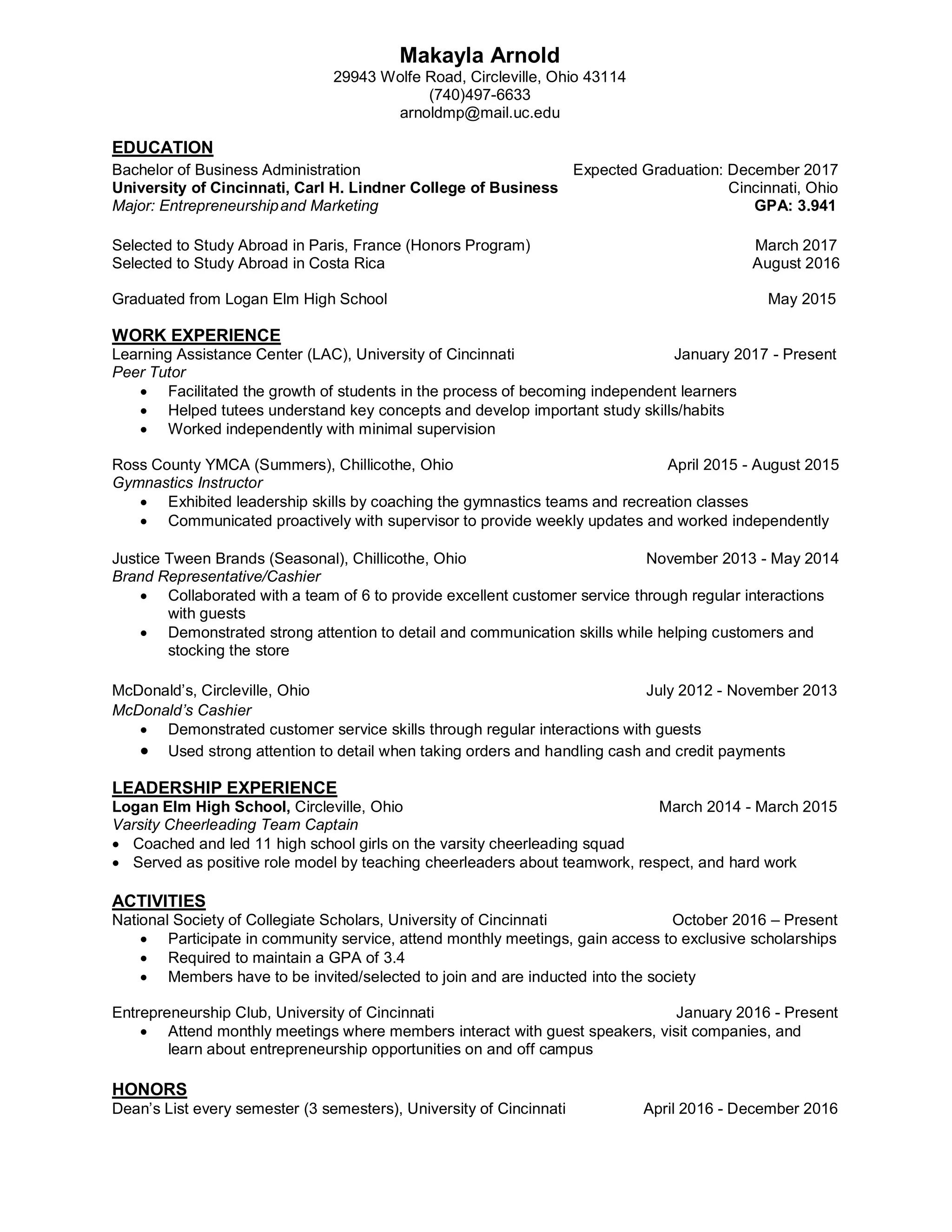 Makayla Arnold Resume University of Cincinnati PDF