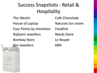 Success Snapshots : Retail &
           Hospitality
The Westin                 Café Chocolade
House of Laptop            Naturals Ice cream
Four Points by sheretton   Foodlink
Rajlaxmi Jewellers         Needs Store
Bombay Store               Le Royale
Om Jewellers               KBN
 