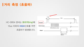 거리 측정 (초음파)
HC-SR04 센서는 트리거(trig)에
10us 이하의 HIGH신호를 주면
초음파가 발생합니다.
 