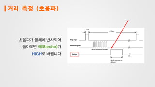 거리 측정 (초음파)
초음파가 물체에 반사되어
돌아오면 에코(echo)가
HIGH로 바뀝니다
 