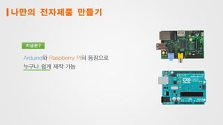 나만의 전자제품 만들기
지금은?
Arduino와 Raspberry Pi의 등장으로
누구나 쉽게 제작 가능
 