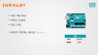 아두이노란?
쉬운 개발 환경
뛰어난 안정성
ADC 내장
복잡한 작업에는 불리함 (영상처리 등..)
성능
CPU 16MHz
RAM 8KB
 