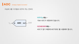 ADC (Analog-Digital Converter)
아날로그를 디지털로 바꾸어 주는 컨버터
아두이노에는…
10bit ADC가 내장되어 있습니다.
라즈베리파이에는…
ADC가 없기 때문에 MCP3002 를 사용해야 합니다.
 