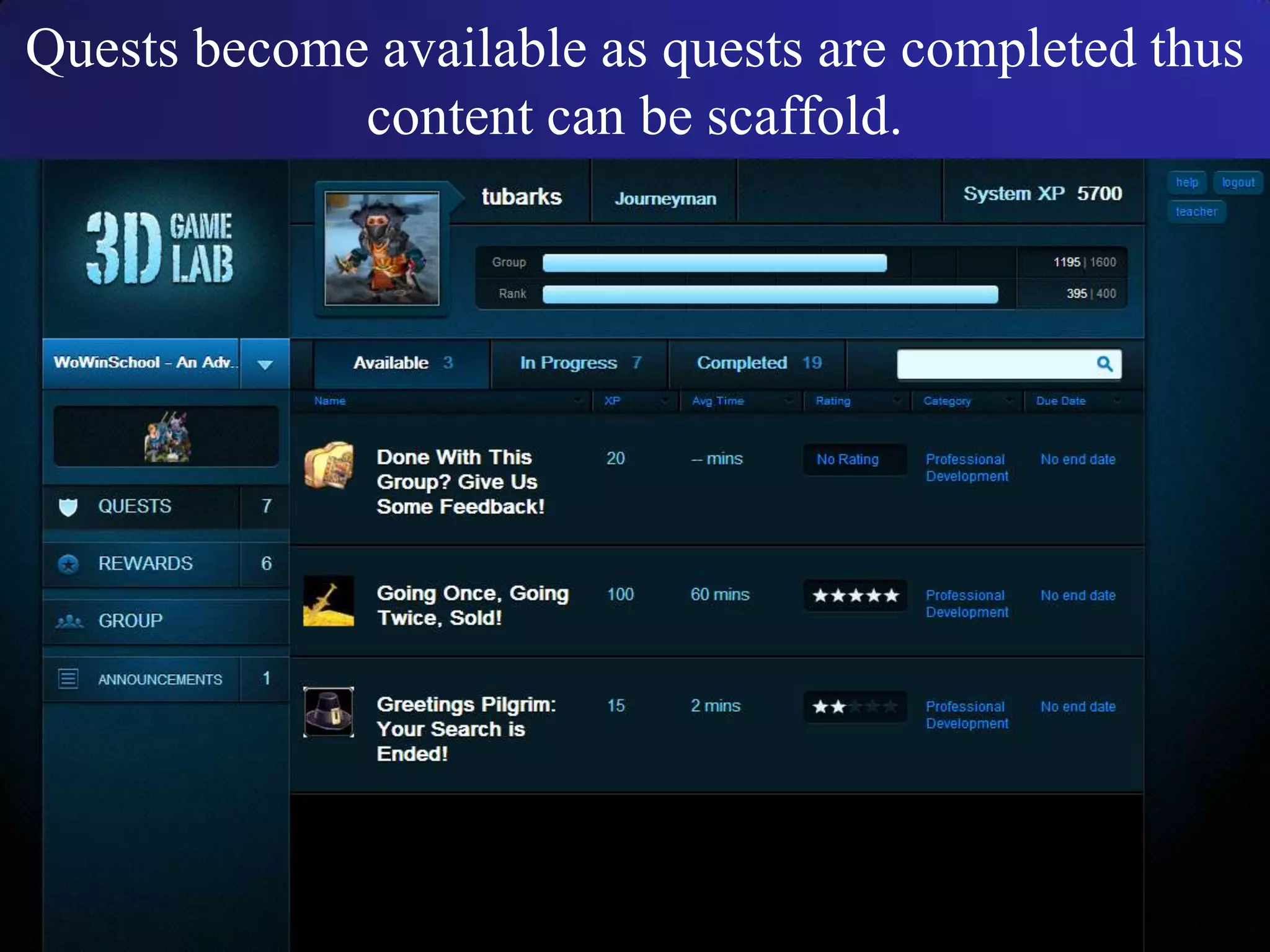 Quests become available as quests are completed thus
content can be scaffold.