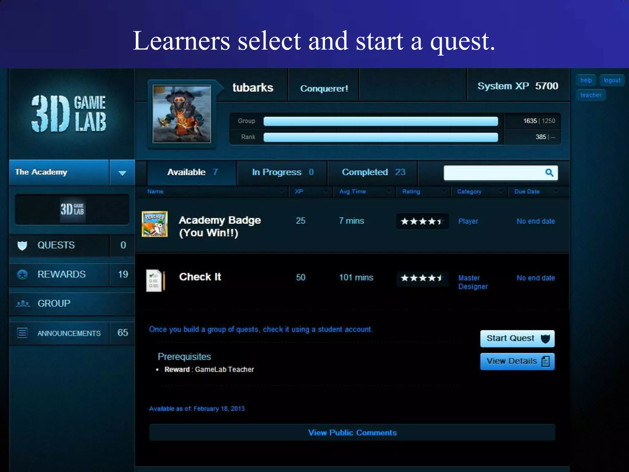 Learners select and start a quest.