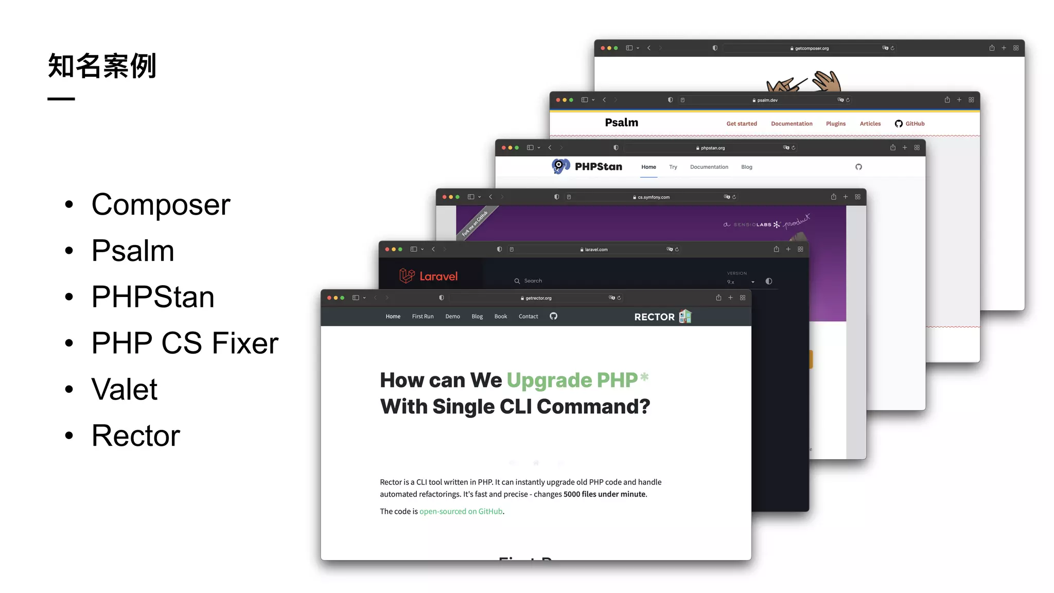 知名案例
—
• Composer
• Psalm
• PHPStan
• PHP CS Fixer
• Valet
• Rector
 