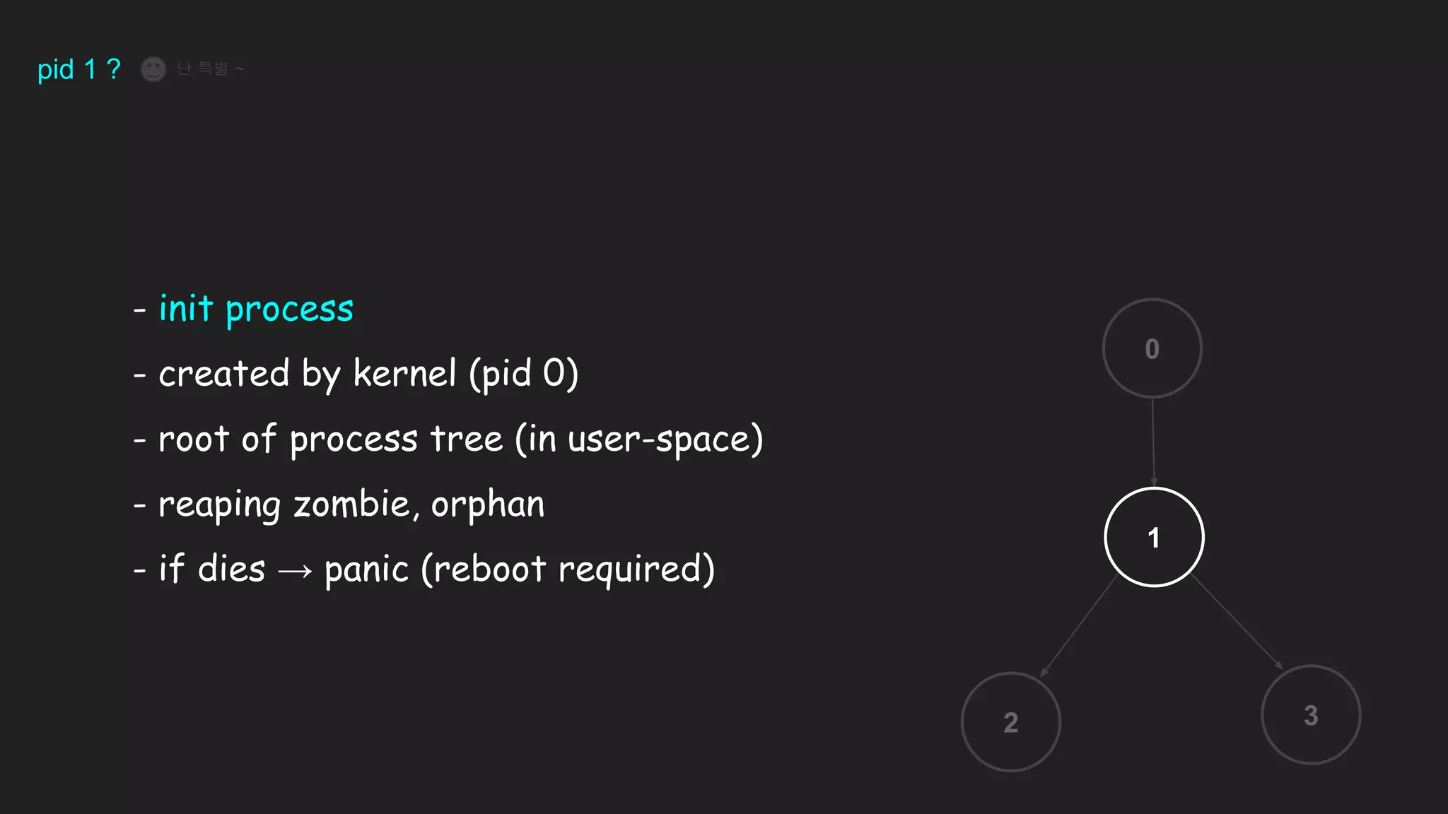 pid 1 ?
- init process
- created by kernel (pid 0)
- root of process tree (in user-space)
- reaping zombie, orphan
- if dies → panic (reboot required)
0
2 3
1
난 특별 ~
 