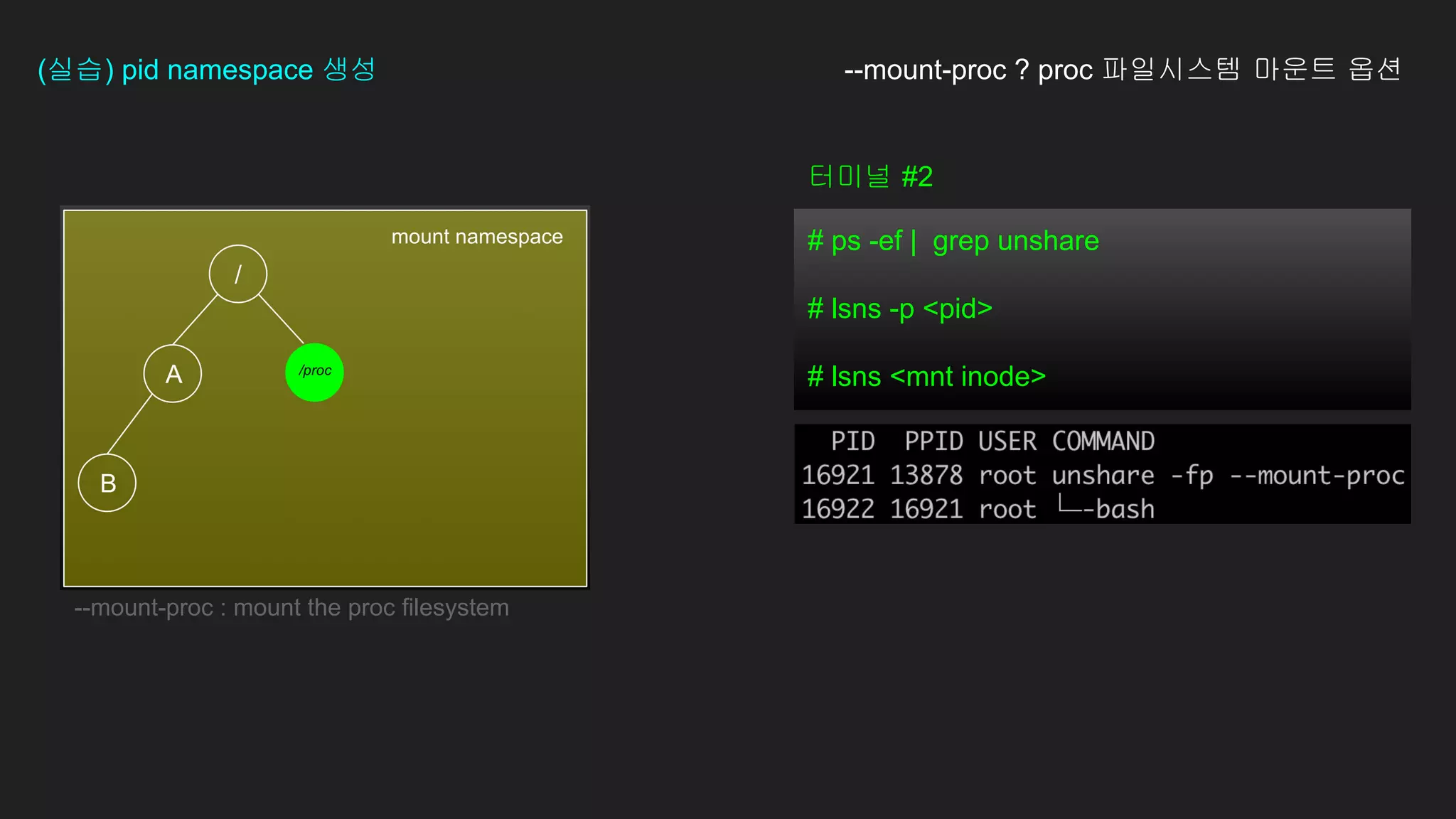 터미널 #2
# ps -ef | grep unshare
# lsns -p <pid>
# lsns <mnt inode>
(실습) pid namespace 생성 --mount-proc ? proc 파일시스템 마운트 옵션
--mount-proc : mount the proc filesystem
 