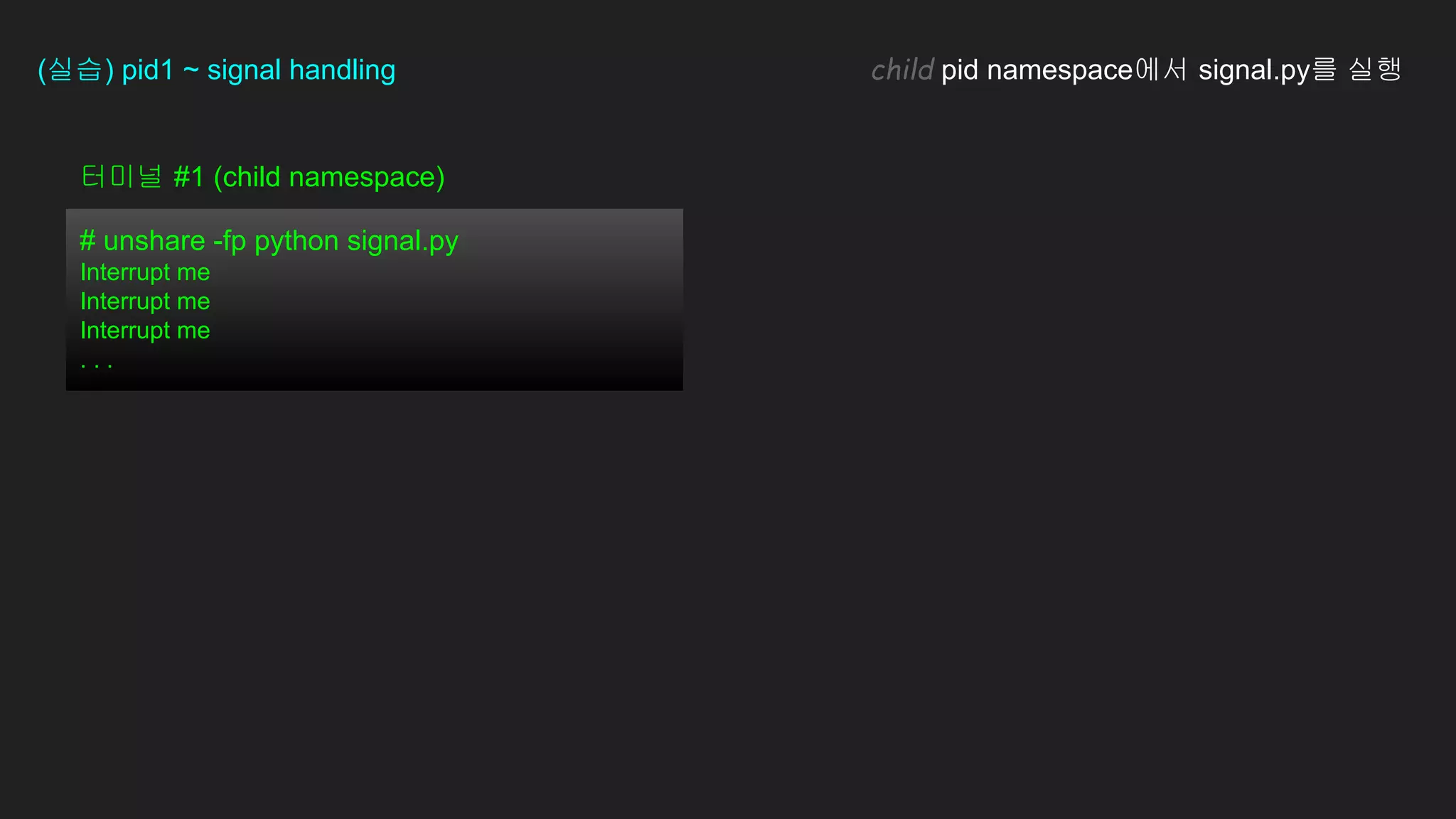 터미널 #1 (child namespace)
# unshare -fp python signal.py
Interrupt me
Interrupt me
Interrupt me
. . .
(실습) pid1 ~ signal handling child pid namespace에서 signal.py를 실행
 