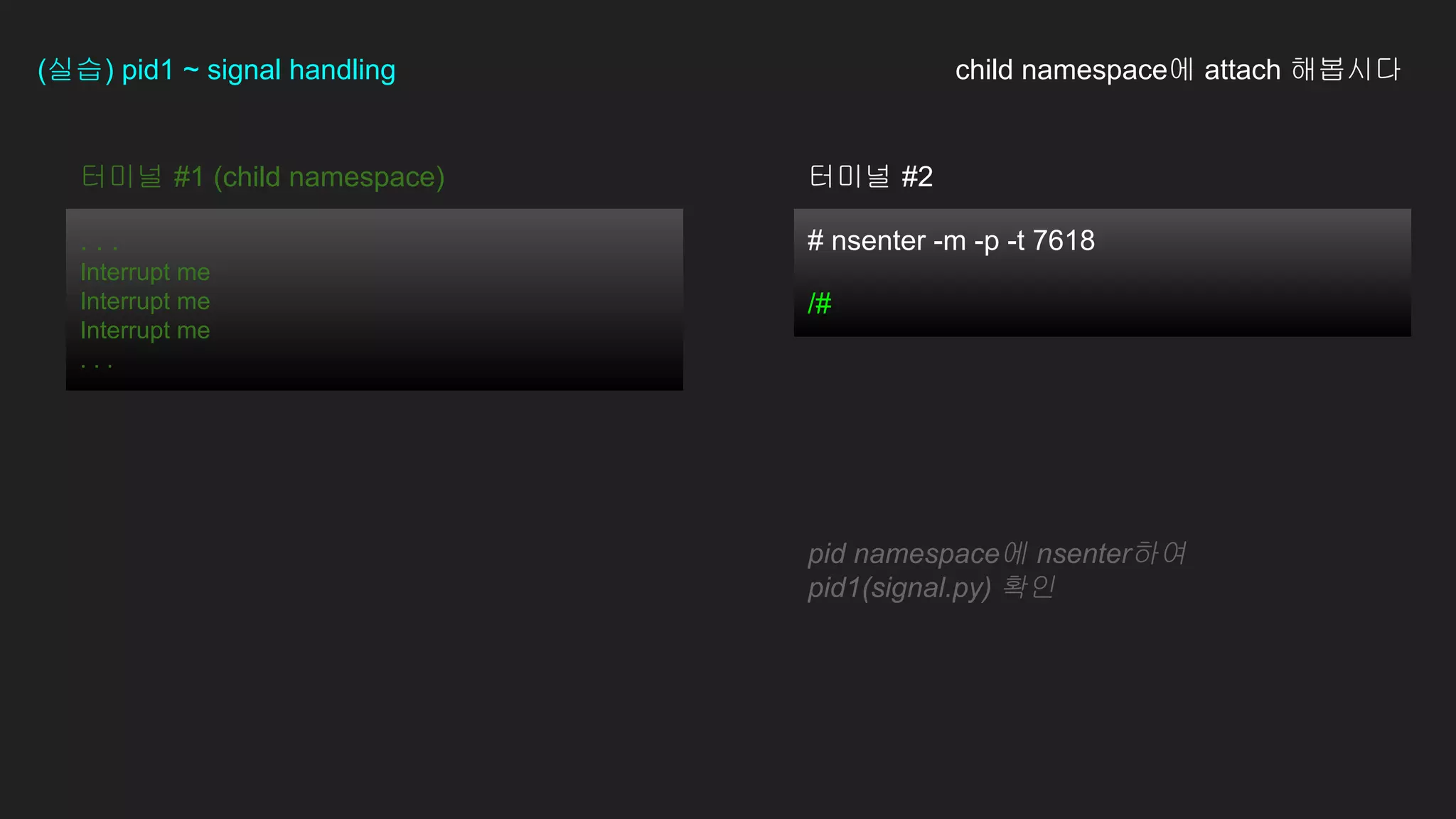 # nsenter -m -p -t 7618
/#
터미널 #1 (child namespace)
. . .
Interrupt me
Interrupt me
Interrupt me
. . .
(실습) pid1 ~ signal handling child namespace에 attach 해봅시다
pid namespace에 nsenter하여
pid1(signal.py) 확인
터미널 #2
 