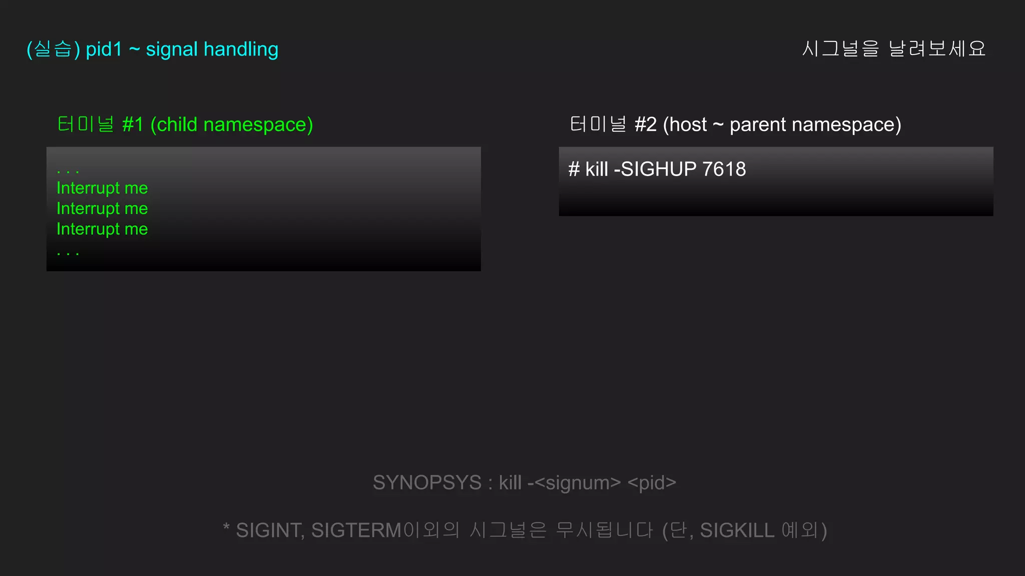 # kill -SIGHUP 7618
터미널 #1 (child namespace)
. . .
Interrupt me
Interrupt me
Interrupt me
. . .
(실습) pid1 ~ signal handling 시그널을 날려보세요
SYNOPSYS : kill -<signum> <pid>
* SIGINT, SIGTERM이외의 시그널은 무시됩니다 (단, SIGKILL 예외)
터미널 #2 (host ~ parent namespace)
 