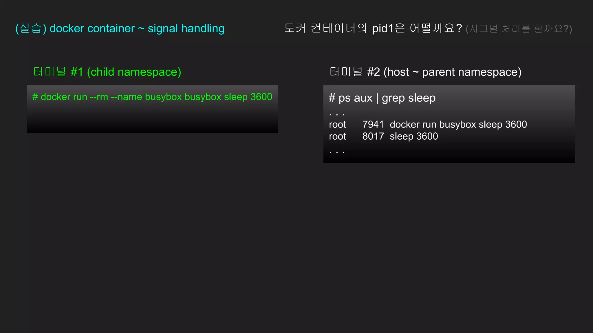 # ps aux | grep sleep
. . .
root 7941 docker run busybox sleep 3600
root 8017 sleep 3600
. . .
터미널 #1 (child namespace)
(실습) docker container ~ signal handling 도커 컨테이너의 pid1은 어떨까요? (시그널 처리를 할까요?)
# docker run --rm --name busybox busybox sleep 3600
터미널 #2 (host ~ parent namespace)
 