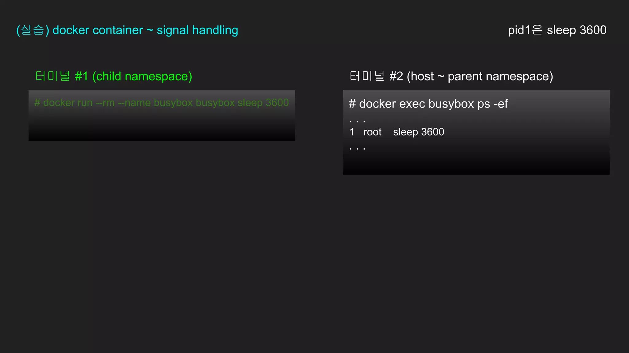 # docker exec busybox ps -ef
. . .
1 root sleep 3600
. . .
터미널 #1 (child namespace)
(실습) docker container ~ signal handling pid1은 sleep 3600
# docker run --rm --name busybox busybox sleep 3600
터미널 #2 (host ~ parent namespace)
 