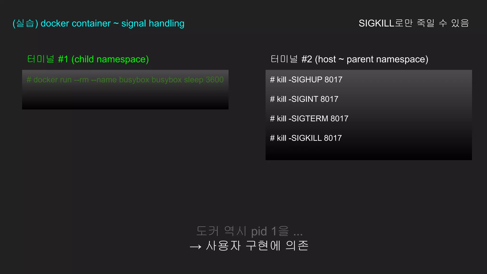 # kill -SIGHUP 8017
# kill -SIGINT 8017
# kill -SIGTERM 8017
# kill -SIGKILL 8017
터미널 #1 (child namespace)
(실습) docker container ~ signal handling SIGKILL로만 죽일 수 있음
도커 역시 pid 1을 ...
→ 사용자 구현에 의존
# docker run --rm --name busybox busybox sleep 3600
터미널 #2 (host ~ parent namespace)
 