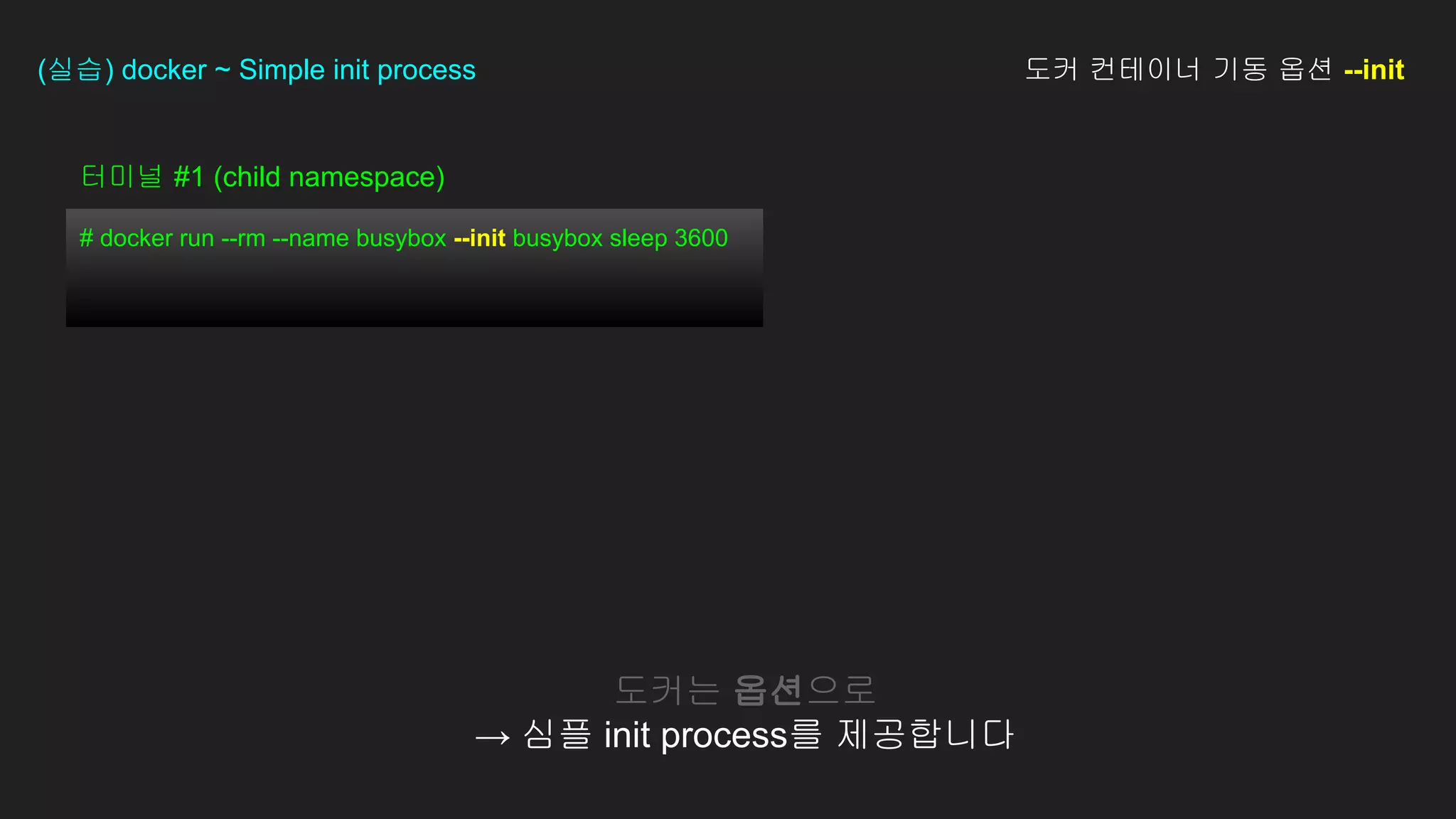 터미널 #1 (child namespace)
# docker run --rm --name busybox --init busybox sleep 3600
(실습) docker ~ Simple init process 도커 컨테이너 기동 옵션 --init
도커는 옵션으로
→ 심플 init process를 제공합니다
 