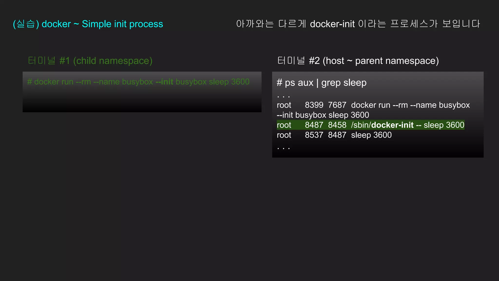 터미널 #1 (child namespace)
# docker run --rm --name busybox --init busybox sleep 3600
(실습) docker ~ Simple init process
# ps aux | grep sleep
. . .
root 8399 7687 docker run --rm --name busybox
--init busybox sleep 3600
root 8487 8458 /sbin/docker-init -- sleep 3600
root 8537 8487 sleep 3600
. . .
아까와는 다르게 docker-init 이라는 프로세스가 보입니다
터미널 #2 (host ~ parent namespace)
 