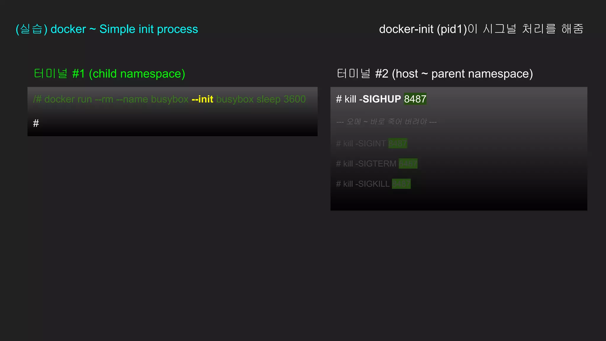 터미널 #1 (child namespace)
/# docker run --rm --name busybox --init busybox sleep 3600
#
(실습) docker ~ Simple init process docker-init (pid1)이 시그널 처리를 해줌
# kill -SIGHUP 8487
--- 오메 ~ 바로 죽어 버려야 ---
# kill -SIGINT 8487
# kill -SIGTERM 8487
# kill -SIGKILL 8487
터미널 #2 (host ~ parent namespace)
 