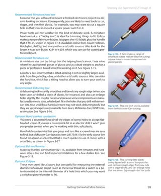 Shopping List: Experiments 12 Through 15

Recommended: Miniature hand saw
    I assume that you will want to mount a finished electronics project in a de-
    cent-looking enclosure. Consequently, you are likely to need tools to cut,
    shape, and trim thin plastic. For example, you may want to cut a square
    hole so that you can mount a square power switch in it.
    Power tools are not suitable for this kind of delicate work. A miniature
    handsaw (a.k.a. a “hobby saw”) is ideal for trimming things to fit. X-Acto
    makes a range of tiny saw blades. I suggest the #15 blade, plus the handle
    that it fits in, shown in Figure 3-14. Available online from Tower Hobbies,
    Hobbylinc, ArtCity, and many other arts/crafts sources. Also look for the
    larger X-Acto saw blade, #234 or #239, which you can use for cutting per-
    forated board.                                                                        Figure 3-14.  X-Acto makes a range of
                                                                                          small saw blades that are ideal for cutting
Recommended: Miniature vise                                                               square holes to mount components in
    A miniature vise can do things that the helping hand cannot. I use mine               plastic panels.
    when I’m sawing small pieces of plastic and as a dead weight to anchor a
    piece of perforated board while I’m working on it. See Figure 3-15.
    Look for a cast-iron vise that is listed as being 1 inch or slightly larger, avail-
    able from Megahobby, eBay, and other arts/crafts sources. Also consider
    the PanaVise, which has a tilting head to allow you to turn your work to
    any angle.
Recommended: Deburring tool
    A deburring tool instantly smoothes and bevels any rough edge (when you
    have sawn or drilled a piece of plastic, for instance) and also can enlarge
    holes slightly. This may be necessary because some components are manu-
    factured to metric sizes, which don’t fit in the holes that you drill with Ameri-
    can bits. Your small local hardware store may not stock deburring tools, but          Figure 3-15.  This one-inch vise is available
    they are very inexpensively available from Sears, McMaster-Carr, KVM Tools,           from the McMaster-Carr catalog.
    or Amazon. See Figure 3-16.
Optional: Hand-cranked countersink
    You need a countersink to bevel the edges of screw holes to accept flat-
    headed screws. If you use a countersink bit in an electric drill, it won’t give
    you precise control when you’re working with thin, soft plastic.
    Handheld countersinks that you grasp and turn like a screwdriver are easy
    to find, but McMaster-Carr (catalog item 28775A61) is the only source I’ve
    found for a hand-cranked tool that is much quicker to use. It comes with a
    set of bits, as shown in Figure 3-17.
Optional: Pick and hook set
    Made by Stanley, part number 82-115, available from Amazon and hard-
    ware stores. You can find imported imitations for a few dollars less. See
    Figure 3-18.
                                                                                          Figure 3-16.  This cunning little blade,
Optional: Calipers                                                                        safety-tipped with a round bump on the
    These may seem like a luxury, but are useful for measuring the external               end, removes rough edges from saw cuts
    diameter of a round object (such as the screw thread on a switch or a po-             with a single stroke, and can enlarge holes
    tentiometer) or the internal diameter of a hole (into which you may want              that are almost big enough—but not quite.
    a switch or potentiometer to fit).



                                                  Getting Somewhat More Serious                                                      99
 