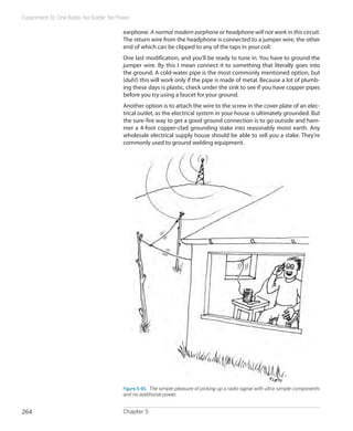Experiment 31: One Radio, No Solder, No Power

                                          earphone. A normal modern earphone or headphone will not work in this circuit.
                                          The return wire from the headphone is connected to a jumper wire, the other
                                          end of which can be clipped to any of the taps in your coil.
                                          One last modification, and you’ll be ready to tune in. You have to ground the
                                          jumper wire. By this I mean connect it to something that literally goes into
                                          the ground. A cold-water pipe is the most commonly mentioned option, but
                                          (duh!) this will work only if the pipe is made of metal. Because a lot of plumb-
                                          ing these days is plastic, check under the sink to see if you have copper pipes
                                          before you try using a faucet for your ground.
                                          Another option is to attach the wire to the screw in the cover plate of an elec-
                                          trical outlet, as the electrical system in your house is ultimately grounded. But
                                          the sure-fire way to get a good ground connection is to go outside and ham-
                                          mer a 4-foot copper-clad grounding stake into reasonably moist earth. Any
                                          wholesale electrical supply house should be able to sell you a stake. They’re
                                          commonly used to ground welding equipment.




                                          Figure 5-65.  The simple pleasure of picking up a radio signal with ultra-simple components
                                          and no additional power.


264                                       Chapter 5
 