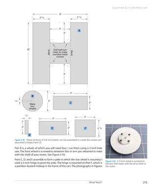Experiment 32: A Little Robot Cart

                                                    8
                             2 1/2                                         2 1/2




                                                   3
                                                                             A
                                                         3




               9                     Bend
                                              Drill half-inch
                                              holes to make




                                                                     Bend
                                             rounded inside
                                                 corners




                                                         3




                                                                     5
                        B
1/4                                   3
                    Make                                         C                        2
                     four
                    wheels

            1/2 
                                                                                     3
                                             4


       2
                                             E                  2                   F          2 1/2

                    D
Figure 5-92.  These sections of 1/4-inch plastic can be assembled to create the simple cart
described in Experiment 31.

Part B is a wheel, of which you will need four. I cut them using a 3-inch hole
saw. The front wheel is screwed to whatever disc or arm you obtained to mate
with the shaft of your motor. See Figure 5-93.
Parts C, D, and E assemble to form a yoke in which the rear wheel is mounted. I
                                                                                                         Figure 5-93.  A 3-inch wheel is screwed to
used a 2-inch hinge to pivot the yoke. The hinge is mounted on Part F, which is                          the disc that mates with the drive shaft of
a partition located midway in the frame of the cart. The photographs in Figures                          the motor.




                                                                                          What Next?                                             275
 