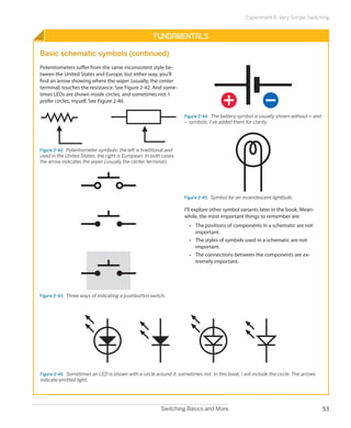 Experiment 6: Very Simple Switching


                                                      Fundamentals

Basic schematic symbols (continued)
Potentiometers suffer from the same inconsistent style be-
tween the United States and Europe, but either way, you’ll
find an arrow showing where the wiper (usually, the center
terminal) touches the resistance. See Figure 2-42. And some-
times LEDs are shown inside circles, and sometimes not. I
prefer circles, myself. See Figure 2-46.

                                                                    Figure 2-44.  The battery symbol is usually shown without + and
                                                                    – symbols. I’ve added them for clarity.




Figure 2-42.  Potentiometer symbols: the left is traditional and
used in the United States, the right is European. In both cases
the arrow indicates the wiper (usually the center terminal).




                                                                    Figure 2-45.  Symbol for an incandescent lightbulb.

                                                                    I’ll explore other symbol variants later in the book. Mean-
                                                                    while, the most important things to remember are:
                                                                      •	 The positions of components in a schematic are not
                                                                         important.
                                                                      •	 The styles of symbols used in a schematic are not
                                                                         important.
                                                                      •	 The connections between the components are ex-
                                                                         tremely important.




Figure 2-43.  Three ways of indicating a pushbutton switch.




Figure 2-46.  Sometimes an LED is shown with a circle around it; sometimes not. In this book, I will include the circle. The arrows
indicate emitted light.




                                                         Switching Basics and More                                                    53
 