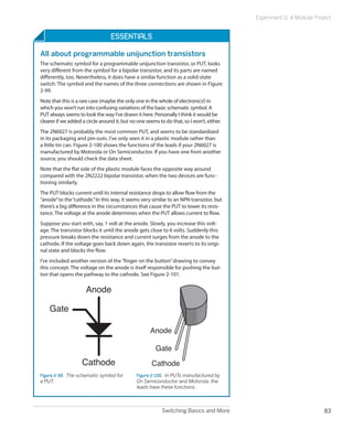 Experiment 11: A Modular Project


                                  Essentials

All about programmable unijunction transistors
The schematic symbol for a programmable unijunction transistor, or PUT, looks
very different from the symbol for a bipolar transistor, and its parts are named
differently, too. Nevertheless, it does have a similar function as a solid-state
switch. The symbol and the names of the three connections are shown in Figure
2-99.
Note that this is a rare case (maybe the only one in the whole of electronics!) in
which you won’t run into confusing variations of the basic schematic symbol. A
PUT always seems to look the way I’ve drawn it here. Personally I think it would be
clearer if we added a circle around it, but no one seems to do that, so I won’t, either.
The 2N6027 is probably the most common PUT, and seems to be standardized
in its packaging and pin-outs. I’ve only seen it in a plastic module rather than
a little tin can. Figure 2-100 shows the functions of the leads if your 2N6027 is
manufactured by Motorola or On Semiconductor. If you have one from another
source, you should check the data sheet.
Note that the flat side of the plastic module faces the opposite way around
compared with the 2N2222 bipolar transistor, when the two devices are func-
tioning similarly.
The PUT blocks current until its internal resistance drops to allow flow from the
“anode” to the “cathode.” In this way, it seems very similar to an NPN transistor, but
there’s a big difference in the circumstances that cause the PUT to lower its resis-
tance. The voltage at the anode determines when the PUT allows current to flow.
Suppose you start with, say, 1 volt at the anode. Slowly, you increase this volt-
age. The transistor blocks it until the anode gets close to 6 volts. Suddenly this
pressure breaks down the resistance and current surges from the anode to the
cathode. If the voltage goes back down again, the transistor reverts to its origi-
nal state and blocks the flow.
I’ve included another version of the “finger on the button” drawing to convey
this concept. The voltage on the anode is itself responsible for pushing the but-
ton that opens the pathway to the cathode. See Figure 2-101.

                      Anode

    Gate

                                                     Anode

                                                        Gate
                    Cathode                           Cathode
Figure 2-99.  The schematic symbol for        Figure 2-100.  In PUTs manufactured by
a PUT.                                        On Semiconductor and Motorola, the
                                              leads have these functions.



                                                           Switching Basics and More                                    83
 