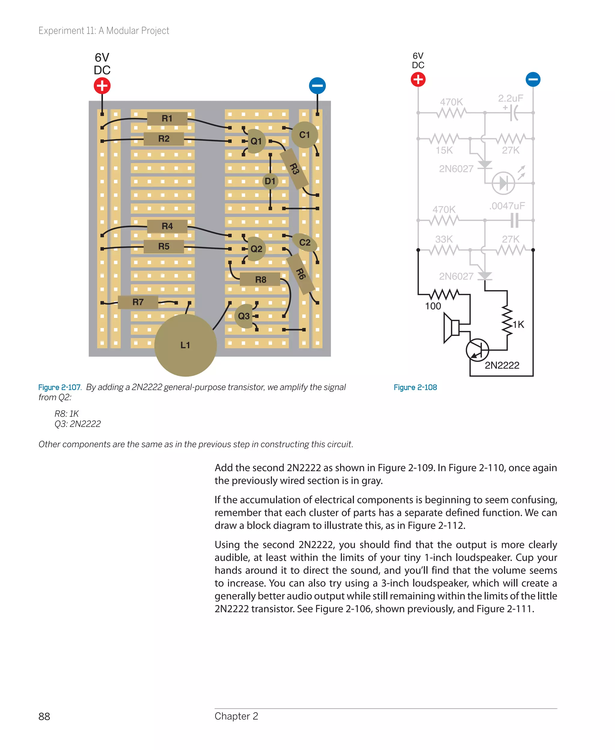 Experiment 11: A Modular Project

              6V                                                                              6V
                                                                                              DC
              DC

                                                                                                         470K       2.2uF

                                 R1

                                R2                                    C1
                                                          Q1
                                                                                                     15K            27K
                                                                                                         2N6027




                                                                    R3
                                                               D1


                                                                                                    470K          .0047uF

                                 R4
                                                                      C2                             33K            27K
                                R5                        Q2


                                                                                                         2N6027
                                                                    R6
                                                          R8

                         R7                                                                        100
                                                     Q3
                                                                                                                       1K

                                      L1

                                                                                                                  2N2222

Figure 2-107.  By adding a 2N2222 general-purpose transistor, we amplify the signal       Figure 2-108
from Q2:
	    R8: 1K
	    Q3: 2N2222

Other components are the same as in the previous step in constructing this circuit.

                                               Add the second 2N2222 as shown in Figure 2-109. In Figure 2-110, once again
                                               the previously wired section is in gray.
                                               If the accumulation of electrical components is beginning to seem confusing,
                                               remember that each cluster of parts has a separate defined function. We can
                                               draw a block diagram to illustrate this, as in Figure 2-112.
                                               Using the second 2N2222, you should find that the output is more clearly
                                               audible, at least within the limits of your tiny 1-inch loudspeaker. Cup your
                                               hands around it to direct the sound, and you’ll find that the volume seems
                                               to increase. You can also try using a 3-inch loudspeaker, which will create a
                                               generally better audio output while still remaining within the limits of the little
                                               2N2222 transistor. See Figure 2-106, shown previously, and Figure 2-111.




88                                             Chapter 2
 