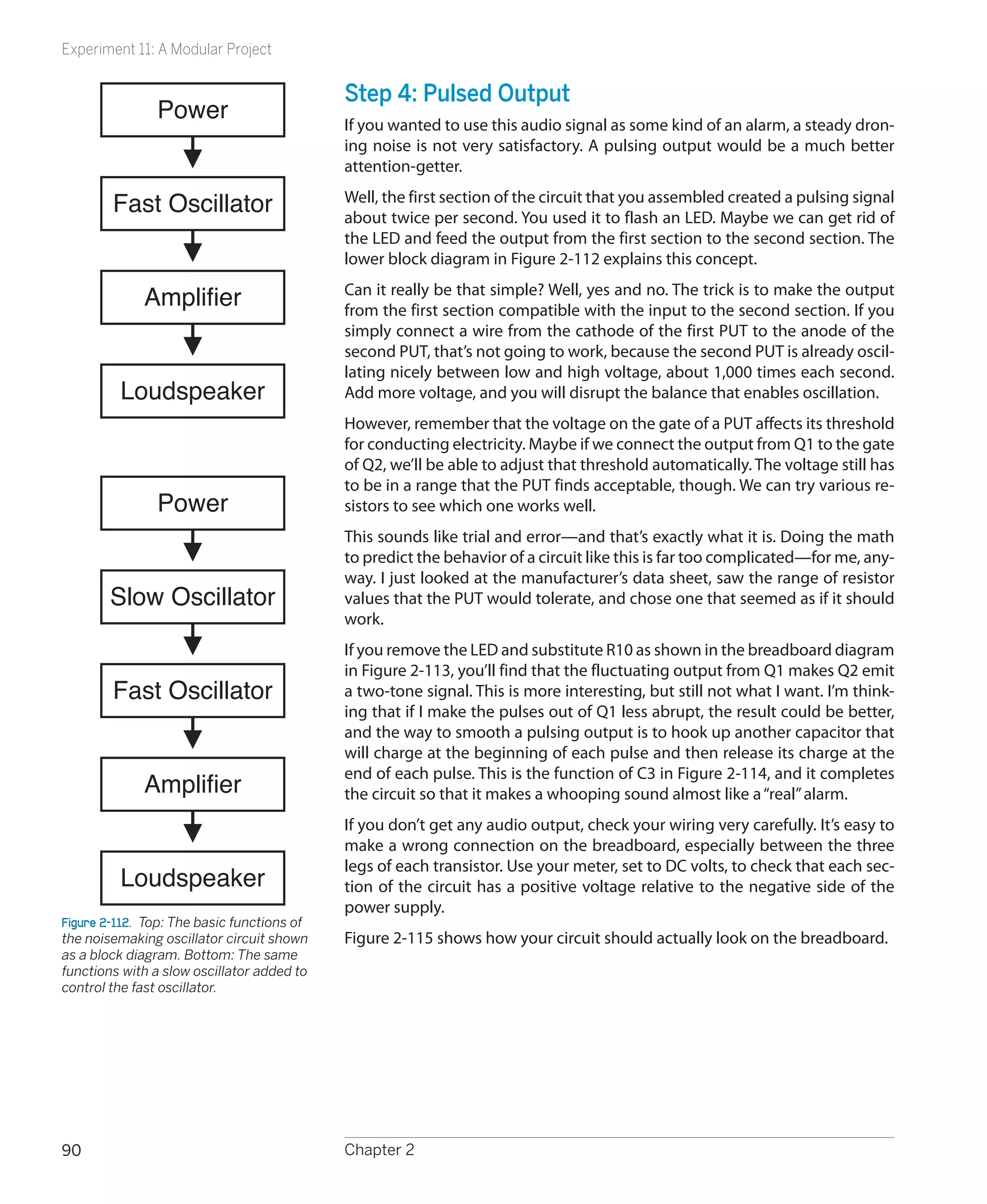 Experiment 11: A Modular Project


                                             Step 4: Pulsed Output
                Power                        If you wanted to use this audio signal as some kind of an alarm, a steady dron-
                                             ing noise is not very satisfactory. A pulsing output would be a much better
                                             attention-getter.

        Fast Oscillator                      Well, the first section of the circuit that you assembled created a pulsing signal
                                             about twice per second. You used it to flash an LED. Maybe we can get rid of
                                             the LED and feed the output from the first section to the second section. The
                                             lower block diagram in Figure 2-112 explains this concept.

              Amplifier                      Can it really be that simple? Well, yes and no. The trick is to make the output
                                             from the first section compatible with the input to the second section. If you
                                             simply connect a wire from the cathode of the first PUT to the anode of the
                                             second PUT, that’s not going to work, because the second PUT is already oscil-
                                             lating nicely between low and high voltage, about 1,000 times each second.
          Loudspeaker                        Add more voltage, and you will disrupt the balance that enables oscillation.
                                             However, remember that the voltage on the gate of a PUT affects its threshold
                                             for conducting electricity. Maybe if we connect the output from Q1 to the gate
                                             of Q2, we’ll be able to adjust that threshold automatically. The voltage still has
                                             to be in a range that the PUT finds acceptable, though. We can try various re-
                Power                        sistors to see which one works well.
                                             This sounds like trial and error—and that’s exactly what it is. Doing the math
                                             to predict the behavior of a circuit like this is far too complicated—for me, any-
                                             way. I just looked at the manufacturer’s data sheet, saw the range of resistor
        Slow Oscillator                      values that the PUT would tolerate, and chose one that seemed as if it should
                                             work.
                                             If you remove the LED and substitute R10 as shown in the breadboard diagram
                                             in Figure 2-113, you’ll find that the fluctuating output from Q1 makes Q2 emit
        Fast Oscillator                      a two-tone signal. This is more interesting, but still not what I want. I’m think-
                                             ing that if I make the pulses out of Q1 less abrupt, the result could be better,
                                             and the way to smooth a pulsing output is to hook up another capacitor that
                                             will charge at the beginning of each pulse and then release its charge at the
                                             end of each pulse. This is the function of C3 in Figure 2-114, and it completes
              Amplifier                      the circuit so that it makes a whooping sound almost like a “real” alarm.
                                             If you don’t get any audio output, check your wiring very carefully. It’s easy to
                                             make a wrong connection on the breadboard, especially between the three
                                             legs of each transistor. Use your meter, set to DC volts, to check that each sec-
          Loudspeaker                        tion of the circuit has a positive voltage relative to the negative side of the
                                             power supply.
Figure 2-112.  Top: The basic functions of
the noisemaking oscillator circuit shown     Figure 2-115 shows how your circuit should actually look on the breadboard.
as a block diagram. Bottom: The same
functions with a slow oscillator added to
control the fast oscillator.




90                                           Chapter 2
 