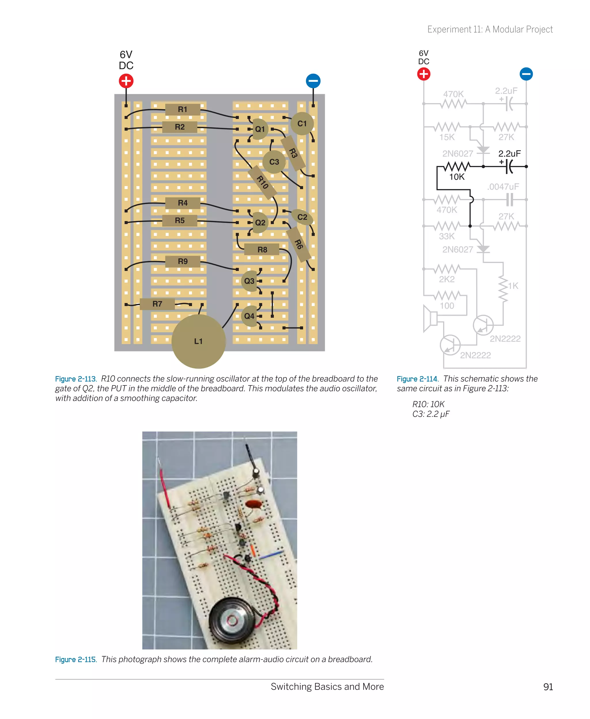 Experiment 11: A Modular Project

                 6V                                                                                6V
                                                                                                   DC
                 DC

                                                                                                          470K           2.2uF

                                  R1

                                 R2                                  C1
                                                          Q1
                                                                                                         15K              27K
                                                                                                          2N6027          2.2uF




                                                                    R3
                                                               C3
                                                                                                            10K




                                                       R1
                                                                                                                      .0047uF




                                                          0
                                  R4
                                                                                                        470K
                                 R5                                  C2                                                   27K
                                                          Q2
                                                                                                         33K




                                                                    R6
                                                          R8                                              2N6027
                                  R9

                                                     Q3                                                  2K2
                                                                                                                            1K

                           R7                                                                            100
                                                     Q4


                                       L1                                                                              2N2222
                                                                                                               2N2222

Figure 2-113.  R10 connects the slow-running oscillator at the top of the breadboard to the   Figure 2-114.  This schematic shows the
gate of Q2, the PUT in the middle of the breadboard. This modulates the audio oscillator,     same circuit as in Figure 2-113:
with addition of a smoothing capacitor.
                                                                                              	   R10: 10K
                                                                                              	   C3: 2.2 μF




Figure 2-115.  This photograph shows the complete alarm-audio circuit on a breadboard.


                                                               Switching Basics and More                                                91
 