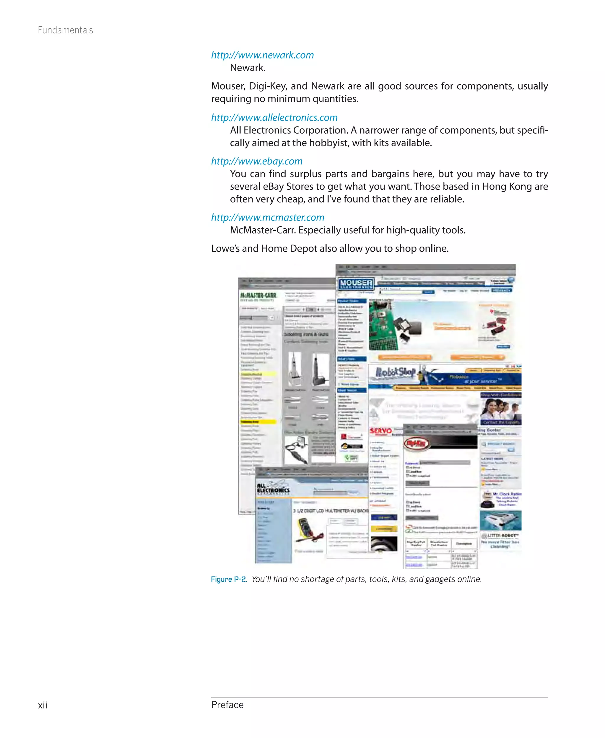 Fundamentals

               http://www.newark.com
                    Newark.
               Mouser, Digi-Key, and Newark are all good sources for components, usually
               requiring no minimum quantities.
               http://www.allelectronics.com
                    All Electronics Corporation. A narrower range of components, but specifi-
                    cally aimed at the hobbyist, with kits available.
               http://www.ebay.com
                    You can find surplus parts and bargains here, but you may have to try
                    several eBay Stores to get what you want. Those based in Hong Kong are
                    often very cheap, and I’ve found that they are reliable.
               http://www.mcmaster.com
                    McMaster-Carr. Especially useful for high-quality tools.
               Lowe’s and Home Depot also allow you to shop online.




               Figure P-2.  You’ll find no shortage of parts, tools, kits, and gadgets online.




xii            Preface
 