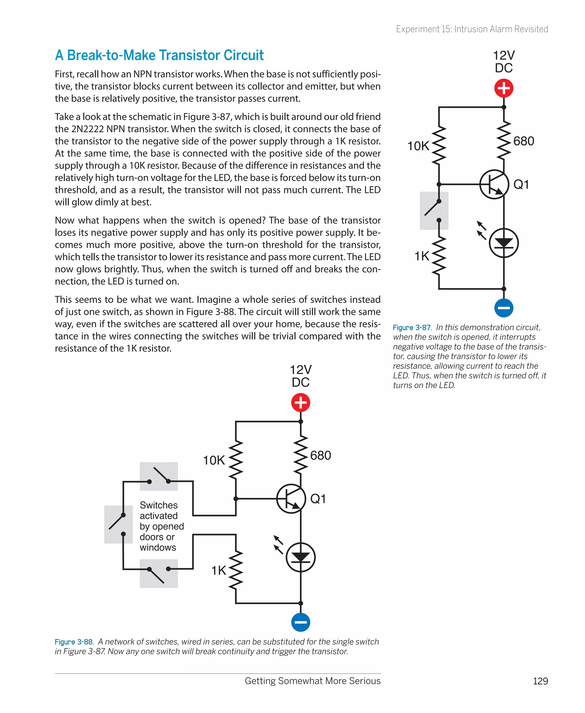 Experiment 15: Intrusion Alarm Revisited


A Break-to-Make Transistor Circuit                                                                                           12V
First, recall how an NPN transistor works. When the base is not sufficiently posi-                                           DC
tive, the transistor blocks current between its collector and emitter, but when
the base is relatively positive, the transistor passes current.
Take a look at the schematic in Figure 3-87, which is built around our old friend
the 2N2222 NPN transistor. When the switch is closed, it connects the base of
the transistor to the negative side of the power supply through a 1K resistor.
                                                                                                    10K                            680
At the same time, the base is connected with the positive side of the power
supply through a 10K resistor. Because of the difference in resistances and the
relatively high turn-on voltage for the LED, the base is forced below its turn-on
threshold, and as a result, the transistor will not pass much current. The LED                                                     Q1
will glow dimly at best.
Now what happens when the switch is opened? The base of the transistor
loses its negative power supply and has only its positive power supply. It be-
comes much more positive, above the turn-on threshold for the transistor,
which tells the transistor to lower its resistance and pass more current. The LED                      1K
now glows brightly. Thus, when the switch is turned off and breaks the con-
nection, the LED is turned on.
This seems to be what we want. Imagine a whole series of switches instead
of just one switch, as shown in Figure 3-88. The circuit will still work the same
way, even if the switches are scattered all over your home, because the resis-                   Figure 3-87.  In this demonstration circuit,
tance in the wires connecting the switches will be trivial compared with the                     when the switch is opened, it interrupts
resistance of the 1K resistor.                                                                   negative voltage to the base of the transis-
                                                                                                 tor, causing the transistor to lower its
                                                                    12V                          resistance, allowing current to reach the
                                                                                                 LED. Thus, when the switch is turned off, it
                                                                    DC                           turns on the LED.




                                          10K                             680


                        Switches
                                                                          Q1
                        activated
                        by opened
                        doors or
                        windows

                                             1K




Figure 3-88.  A network of switches, wired in series, can be substituted for the single switch
in Figure 3-87. Now any one switch will break continuity and trigger the transistor.


                                                       Getting Somewhat More Serious                                                     129
 