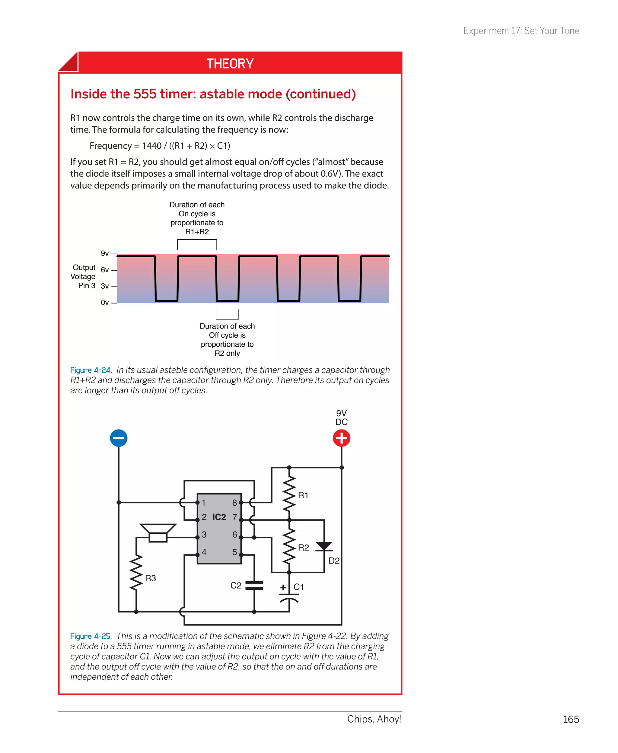 Experiment 17: Set Your Tone


                                       Theory

Inside the 555 timer: astable mode (continued)
R1 now controls the charge time on its own, while R2 controls the discharge
time. The formula for calculating the frequency is now:
     Frequency = 1440 / ((R1 + R2) × C1)
If you set R1 = R2, you should get almost equal on/off cycles (“almost” because
the diode itself imposes a small internal voltage drop of about 0.6V). The exact
value depends primarily on the manufacturing process used to make the diode.
                          Duration of each
                            On cycle is
                          proportionate to
                              R1+R2

        9v
 Output 6v
Voltage
  Pin 3 3v

        0v


                                   Duration of each
                                     Off cycle is
                                   proportionate to
                                       R2 only

Figure 4-24.  In its usual astable configuration, the timer charges a capacitor through
R1+R2 and discharges the capacitor through R2 only. Therefore its output on cycles
are longer than its output off cycles.

                                                                        9V
                                                                        DC




                                                             R1
                                   1         8
                                   2 IC2 7
                                   3         6
                                                             R2
                                   4         5
                                                                      D2
                    R3
                                             C2             C1




Figure 4-25.  This is a modification of the schematic shown in Figure 4-22. By adding
a diode to a 555 timer running in astable mode, we eliminate R2 from the charging
cycle of capacitor C1. Now we can adjust the output on cycle with the value of R1,
and the output off cycle with the value of R2, so that the on and off durations are
independent of each other.



                                                                           Chips, Ahoy!                           165
 
