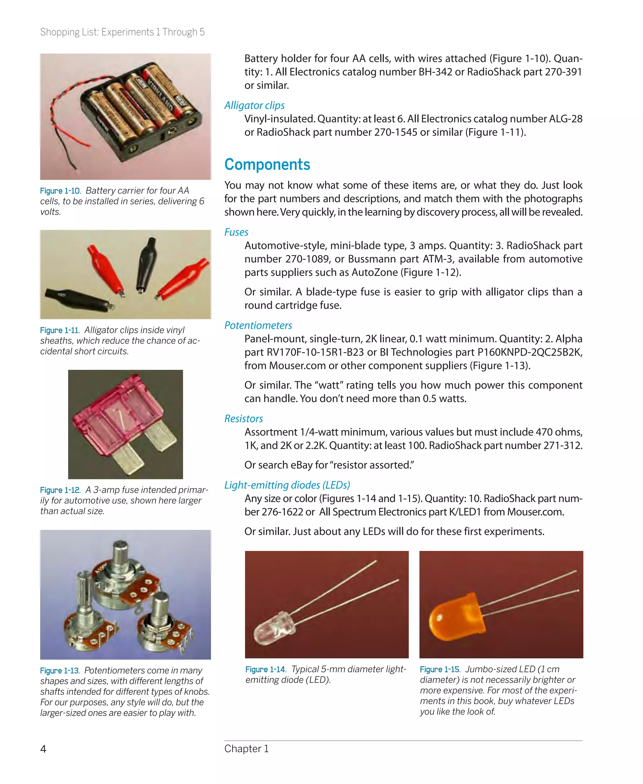 Shopping List: Experiments 1 Through 5

                                                     Battery holder for four AA cells, with wires attached (Figure 1-10). Quan-
                                                     tity: 1. All Electronics catalog number BH-342 or RadioShack part 270-391
                                                     or similar.
                                                 Alligator clips
                                                      Vinyl-insulated. Quantity: at least 6. All Electronics catalog number ALG-28
                                                      or RadioShack part number 270-1545 or similar (Figure 1-11).


                                                 Components
Figure 1-10.  Battery carrier for four AA
                                                 You may not know what some of these items are, or what they do. Just look
cells, to be installed in series, delivering 6   for the part numbers and descriptions, and match them with the photographs
volts.                                           shown here. Very quickly, in the learning by discovery process, all will be revealed.
                                                 Fuses
                                                     Automotive-style, mini-blade type, 3 amps. Quantity: 3. RadioShack part
                                                     number 270-1089, or Bussmann part ATM-3, available from automotive
                                                     parts suppliers such as AutoZone (Figure 1-12).
                                                     Or similar. A blade-type fuse is easier to grip with alligator clips than a
                                                     round cartridge fuse.

Figure 1-11.  Alligator clips inside vinyl       Potentiometers
sheaths, which reduce the chance of ac-              Panel-mount, single-turn, 2K linear, 0.1 watt minimum. Quantity: 2. Alpha
cidental short circuits.                             part RV170F-10-15R1-B23 or BI Technologies part P160KNPD-2QC25B2K,
                                                     from Mouser.com or other component suppliers (Figure 1-13).
                                                     Or similar. The “watt” rating tells you how much power this component
                                                     can handle. You don’t need more than 0.5 watts.
                                                 Resistors
                                                      Assortment 1/4-watt minimum, various values but must include 470 ohms,
                                                      1K, and 2K or 2.2K. Quantity: at least 100. RadioShack part number 271-312.
                                                     Or search eBay for “resistor assorted.”

Figure 1-12.  A 3-amp fuse intended primar-      Light-emitting diodes (LEDs)
ily for automotive use, shown here larger            Any size or color (Figures 1-14 and 1-15). Quantity: 10. RadioShack part num-
than actual size.                                    ber 276-1622 or All Spectrum Electronics part K/LED1 from Mouser.com.
                                                     Or similar. Just about any LEDs will do for these first experiments.




Figure 1-13.  Potentiometers come in many             Figure 1-14.  Typical 5-mm diameter light-   Figure 1-15.  Jumbo-sized LED (1 cm
shapes and sizes, with different lengths of           emitting diode (LED).                        diameter) is not necessarily brighter or
shafts intended for different types of knobs.                                                      more expensive. For most of the experi-
For our purposes, any style will do, but the                                                       ments in this book, buy whatever LEDs
larger-sized ones are easier to play with.                                                         you like the look of.



4                                                Chapter 1
 