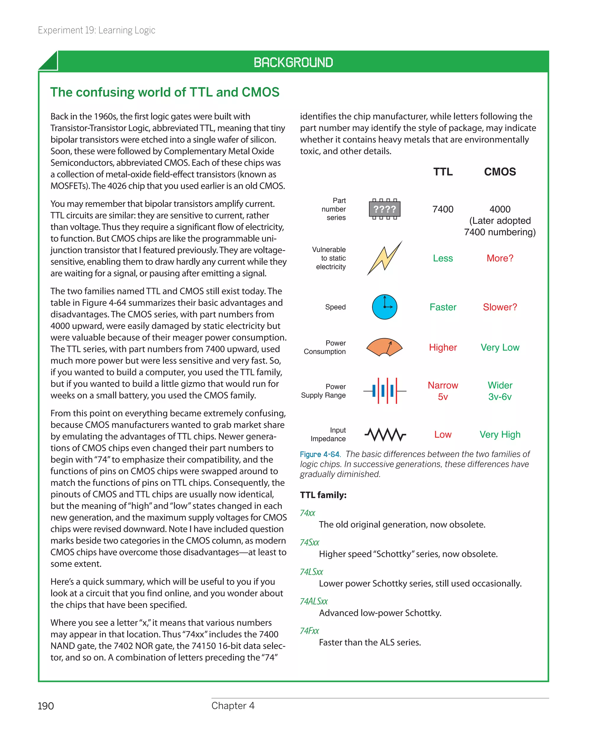 Experiment 19: Learning Logic


                                                           Background

  The confusing world of TTL and CMOS
   Back in the 1960s, the first logic gates were built with             identifies the chip manufacturer, while letters following the
   Transistor-Transistor Logic, abbreviated TTL, meaning that tiny      part number may identify the style of package, may indicate
   bipolar transistors were etched into a single wafer of silicon.      whether it contains heavy metals that are environmentally
   Soon, these were followed by Complementary Metal Oxide               toxic, and other details.
   Semiconductors, abbreviated CMOS. Each of these chips was
   a collection of metal-oxide field-effect transistors (known as                                           TTL           CMOS
   MOSFETs). The 4026 chip that you used earlier is an old CMOS.
                                                                                   Part
   You may remember that bipolar transistors amplify current.                   number       ????           7400          4000
   TTL circuits are similar: they are sensitive to current, rather               series
                                                                                                                     (Later adopted
   than voltage. Thus they require a significant flow of electricity,
                                                                                                                    7400 numbering)
   to function. But CMOS chips are like the programmable uni-
   junction transistor that I featured previously. They are voltage-       Vulnerable
   sensitive, enabling them to draw hardly any current while they             to static                     Less             More?
                                                                            electricity
   are waiting for a signal, or pausing after emitting a signal.
   The two families named TTL and CMOS still exist today. The
   table in Figure 4-64 summarizes their basic advantages and                    Speed                     Faster         Slower?
   disadvantages. The CMOS series, with part numbers from
   4000 upward, were easily damaged by static electricity but
   were valuable because of their meager power consumption.
                                                                              Power
   The TTL series, with part numbers from 7400 upward, used              Consumption                       Higher        Very Low
   much more power but were less sensitive and very fast. So,
   if you wanted to build a computer, you used the TTL family,
   but if you wanted to build a little gizmo that would run for                Power                       Narrow            Wider
   weeks on a small battery, you used the CMOS family.                  Supply Range                         5v              3v-6v
   From this point on everything became extremely confusing,
   because CMOS manufacturers wanted to grab market share                       Input
   by emulating the advantages of TTL chips. Newer genera-                 Impedance                         Low         Very High
   tions of CMOS chips even changed their part numbers to
                                                                        Figure 4-64.  The basic differences between the two families of
   begin with “74” to emphasize their compatibility, and the            logic chips. In successive generations, these differences have
   functions of pins on CMOS chips were swapped around to               gradually diminished.
   match the functions of pins on TTL chips. Consequently, the
   pinouts of CMOS and TTL chips are usually now identical,             TTL family:
   but the meaning of “high” and “low” states changed in each
   new generation, and the maximum supply voltages for CMOS             74xx	
   chips were revised downward. Note I have included question                   The old original generation, now obsolete.
   marks beside two categories in the CMOS column, as modern            74Sxx	
   CMOS chips have overcome those disadvantages—at least to                  Higher speed “Schottky” series, now obsolete.
   some extent.
                                                                        74LSxx	
   Here’s a quick summary, which will be useful to you if you                Lower power Schottky series, still used occasionally.
   look at a circuit that you find online, and you wonder about
   the chips that have been specified.                                  74ALSxx	
                                                                             Advanced low-power Schottky.
   Where you see a letter “x,” it means that various numbers
   may appear in that location. Thus “74xx” includes the 7400           74Fxx	
   NAND gate, the 7402 NOR gate, the 74150 16-bit data selec-                Faster than the ALS series.
   tor, and so on. A combination of letters preceding the “74”




190                                            Chapter 4
 