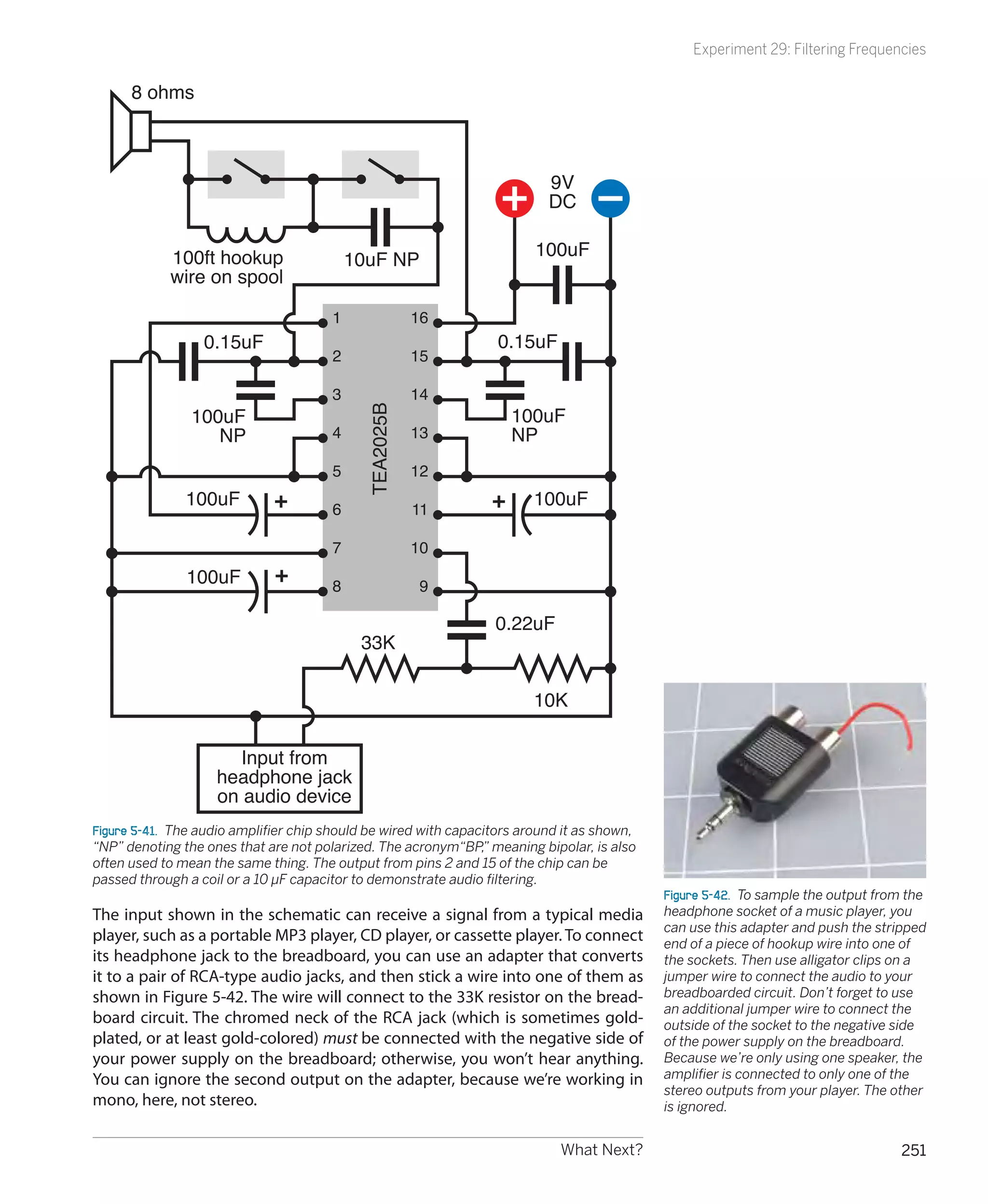 Experiment 29: Filtering Frequencies

      8 ohms



                                                                           9V
                                                                           DC

            100ft hookup                                                 100uF
                                           10uF NP
            wire on spool

                                       1                16
                  0.15uF                                           0.15uF
                                       2                15

                                       3                14
                100uF                                                100uF
                                             TEA2025B

                   NP                  4                13           NP
                                       5                12
               100uF                   6                11
                                                                         100uF

                                       7                10
               100uF                   8                 9

                                                                  0.22uF
                                            33K

                                                                         10K


                       Input from
                    headphone jack
                    on audio device
Figure 5-41.  The audio amplifier chip should be wired with capacitors around it as shown,
“NP” denoting the ones that are not polarized. The acronym“BP,” meaning bipolar, is also
often used to mean the same thing. The output from pins 2 and 15 of the chip can be
passed through a coil or a 10 μF capacitor to demonstrate audio filtering.
                                                                                             Figure 5-42.  To sample the output from the
The input shown in the schematic can receive a signal from a typical media                   headphone socket of a music player, you
                                                                                             can use this adapter and push the stripped
player, such as a portable MP3 player, CD player, or cassette player. To connect             end of a piece of hookup wire into one of
its headphone jack to the breadboard, you can use an adapter that converts                   the sockets. Then use alligator clips on a
it to a pair of RCA-type audio jacks, and then stick a wire into one of them as              jumper wire to connect the audio to your
shown in Figure 5-42. The wire will connect to the 33K resistor on the bread-                breadboarded circuit. Don’t forget to use
                                                                                             an additional jumper wire to connect the
board circuit. The chromed neck of the RCA jack (which is sometimes gold-                    outside of the socket to the negative side
plated, or at least gold-colored) must be connected with the negative side of                of the power supply on the breadboard.
your power supply on the breadboard; otherwise, you won’t hear anything.                     Because we’re only using one speaker, the
You can ignore the second output on the adapter, because we’re working in                    amplifier is connected to only one of the
                                                                                             stereo outputs from your player. The other
mono, here, not stereo.                                                                      is ignored.


                                                                             What Next?                                            251
 
