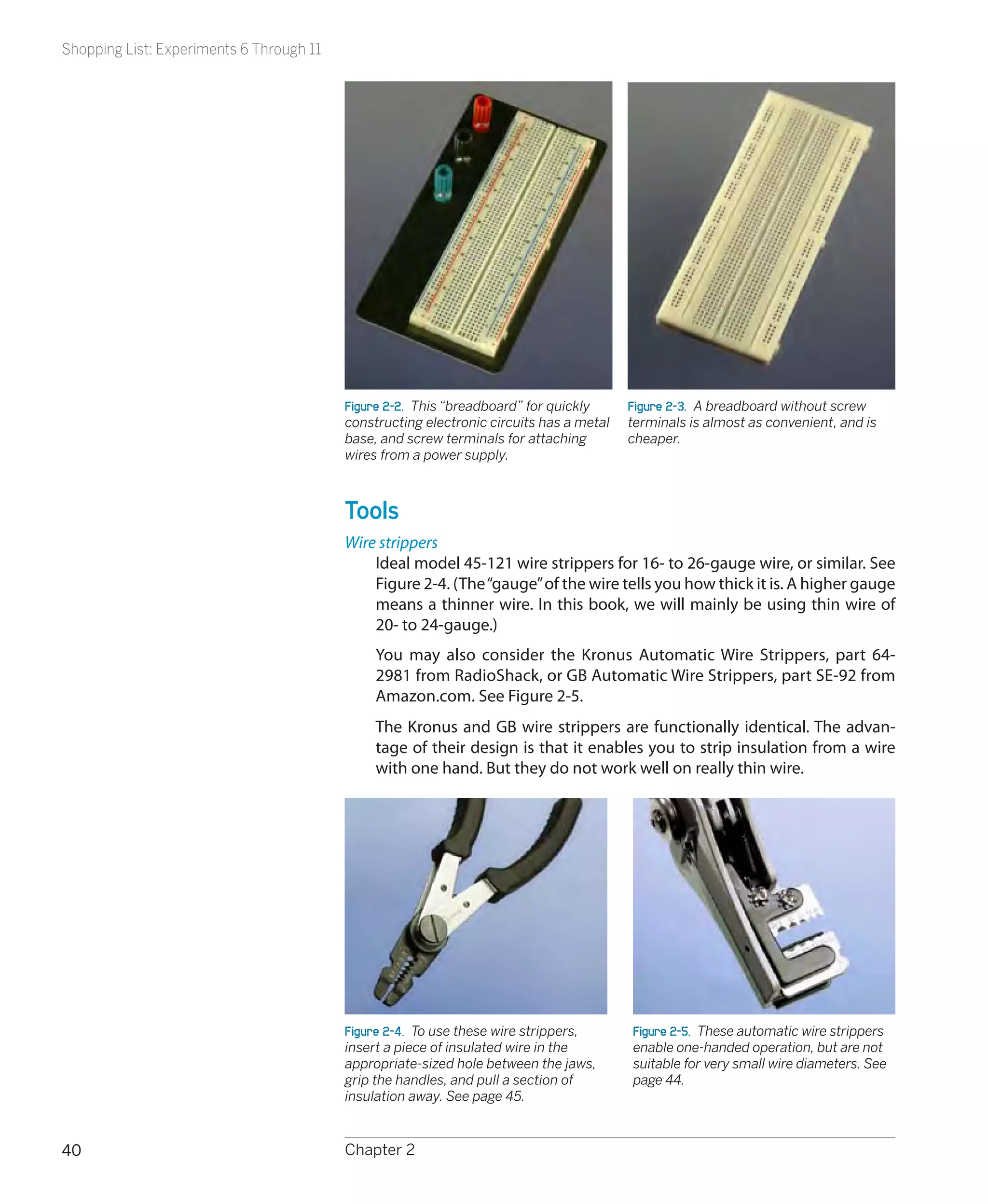 Shopping List: Experiments 6 Through 11




                                          Figure 2-2.  This “breadboard” for quickly     Figure 2-3.  A breadboard without screw
                                          constructing electronic circuits has a metal   terminals is almost as convenient, and is
                                          base, and screw terminals for attaching        cheaper.
                                          wires from a power supply.



                                          Tools
                                          Wire strippers
                                              Ideal model 45-121 wire strippers for 16- to 26-gauge wire, or similar. See
                                              Figure 2-4. (The “gauge” of the wire tells you how thick it is. A higher gauge
                                              means a thinner wire. In this book, we will mainly be using thin wire of
                                              20- to 24-gauge.)
                                               You may also consider the Kronus Automatic Wire Strippers, part 64-
                                               2981 from RadioShack, or GB Automatic Wire Strippers, part SE-92 from
                                               Amazon.com. See Figure 2-5.
                                               The Kronus and GB wire strippers are functionally identical. The advan-
                                               tage of their design is that it enables you to strip insulation from a wire
                                               with one hand. But they do not work well on really thin wire.




                                          Figure 2-4.  To use these wire strippers,      Figure 2-5.  These automatic wire strippers
                                          insert a piece of insulated wire in the        enable one-handed operation, but are not
                                          appropriate-sized hole between the jaws,       suitable for very small wire diameters. See
                                          grip the handles, and pull a section of        page 44.
                                          insulation away. See page 45.


40                                        Chapter 2
 
