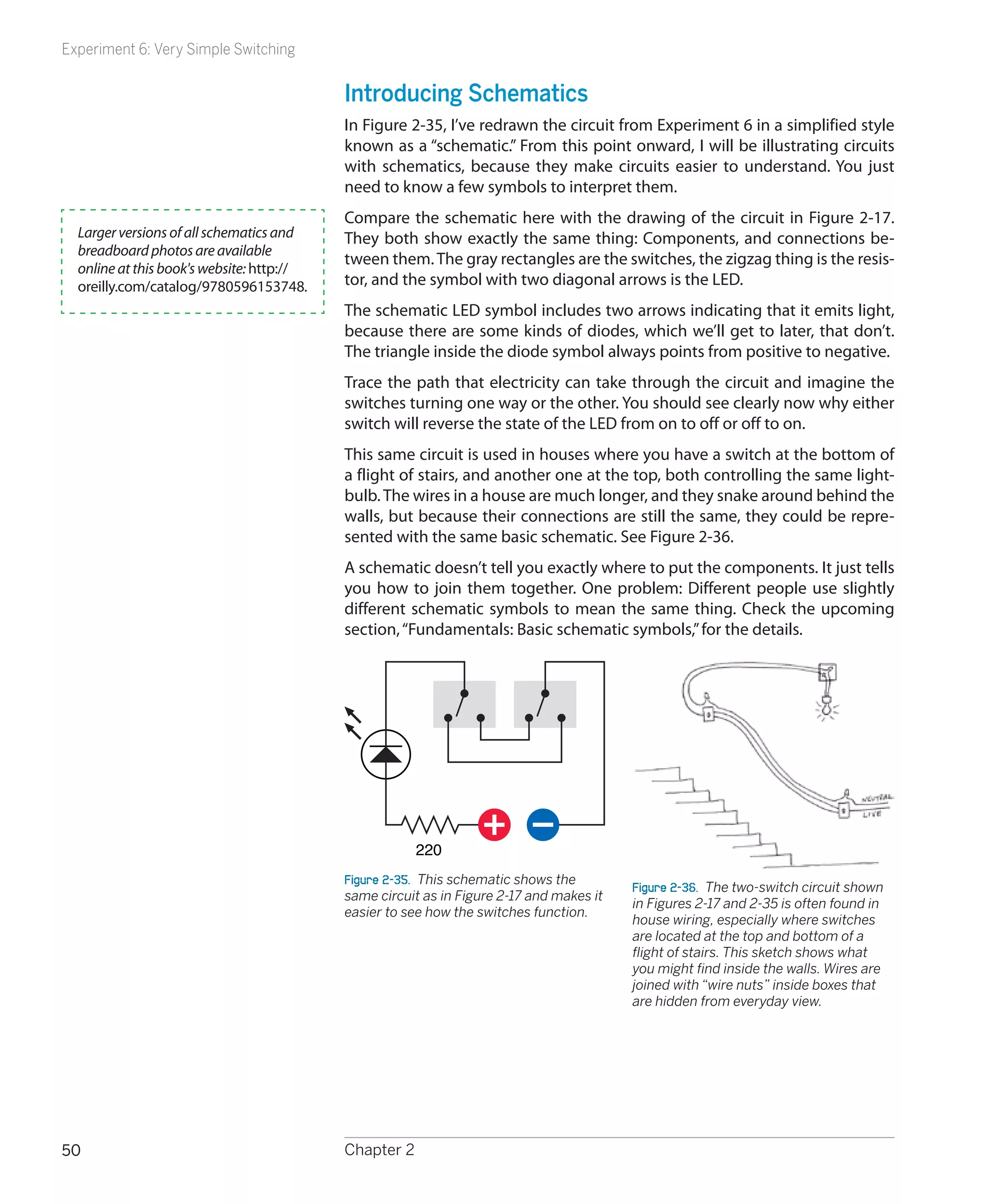 Experiment 6: Very Simple Switching


                                           Introducing Schematics
                                           In Figure 2-35, I’ve redrawn the circuit from Experiment 6 in a simplified style
                                           known as a “schematic.” From this point onward, I will be illustrating circuits
                                           with schematics, because they make circuits easier to understand. You just
                                           need to know a few symbols to interpret them.
                                           Compare the schematic here with the drawing of the circuit in Figure 2-17.
  Larger versions of all schematics and    They both show exactly the same thing: Components, and connections be-
  breadboard photos are available
                                           tween them. The gray rectangles are the switches, the zigzag thing is the resis-
  online at this book's website: http://
  oreilly.com/catalog/9780596153748.       tor, and the symbol with two diagonal arrows is the LED.
                                           The schematic LED symbol includes two arrows indicating that it emits light,
                                           because there are some kinds of diodes, which we’ll get to later, that don’t.
                                           The triangle inside the diode symbol always points from positive to negative.
                                           Trace the path that electricity can take through the circuit and imagine the
                                           switches turning one way or the other. You should see clearly now why either
                                           switch will reverse the state of the LED from on to off or off to on.
                                           This same circuit is used in houses where you have a switch at the bottom of
                                           a flight of stairs, and another one at the top, both controlling the same light-
                                           bulb. The wires in a house are much longer, and they snake around behind the
                                           walls, but because their connections are still the same, they could be repre-
                                           sented with the same basic schematic. See Figure 2-36.
                                           A schematic doesn’t tell you exactly where to put the components. It just tells
                                           you how to join them together. One problem: Different people use slightly
                                           different schematic symbols to mean the same thing. Check the upcoming
                                           section, “Fundamentals: Basic schematic symbols,” for the details.




                                                       220
                                           Figure 2-35.  This schematic shows the
                                                                                         Figure 2-36.  The two-switch circuit shown
                                           same circuit as in Figure 2-17 and makes it
                                                                                         in Figures 2-17 and 2-35 is often found in
                                           easier to see how the switches function.
                                                                                         house wiring, especially where switches
                                                                                         are located at the top and bottom of a
                                                                                         flight of stairs. This sketch shows what
                                                                                         you might find inside the walls. Wires are
                                                                                         joined with “wire nuts” inside boxes that
                                                                                         are hidden from everyday view.




50                                         Chapter 2
 