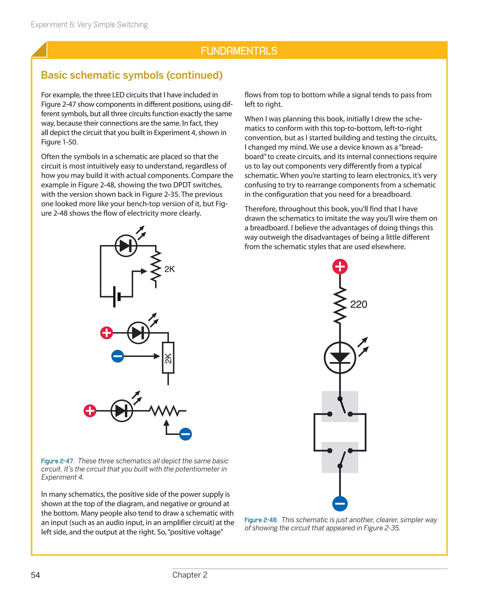 Experiment 6: Very Simple Switching


                                                             Fundamentals

     Basic schematic symbols (continued)
     For example, the three LED circuits that I have included in          flows from top to bottom while a signal tends to pass from
     Figure 2-47 show components in different positions, using dif-       left to right.
     ferent symbols, but all three circuits function exactly the same
                                                                          When I was planning this book, initially I drew the sche-
     way, because their connections are the same. In fact, they
                                                                          matics to conform with this top-to-bottom, left-to-right
     all depict the circuit that you built in Experiment 4, shown in
                                                                          convention, but as I started building and testing the circuits,
     Figure 1-50.
                                                                          I changed my mind. We use a device known as a “bread-
     Often the symbols in a schematic are placed so that the              board” to create circuits, and its internal connections require
     circuit is most intuitively easy to understand, regardless of        us to lay out components very differently from a typical
     how you may build it with actual components. Compare the             schematic. When you’re starting to learn electronics, it’s very
     example in Figure 2-48, showing the two DPDT switches,               confusing to try to rearrange components from a schematic
     with the version shown back in Figure 2-35. The previous             in the configuration that you need for a breadboard.
     one looked more like your bench-top version of it, but Fig-
                                                                          Therefore, throughout this book, you’ll find that I have
     ure 2-48 shows the flow of electricity more clearly.
                                                                          drawn the schematics to imitate the way you’ll wire them on
                                                                          a breadboard. I believe the advantages of doing things this
                                                                          way outweigh the disadvantages of being a little different
                                                                          from the schematic styles that are used elsewhere.

                                                2K



                                                                                                              220
                                               2K




     Figure 2-47.  These three schematics all depict the same basic
     circuit. It’s the circuit that you built with the potentiometer in
     Experiment 4.

     In many schematics, the positive side of the power supply is
     shown at the top of the diagram, and negative or ground at
     the bottom. Many people also tend to draw a schematic with
     an input (such as an audio input, in an amplifier circuit) at the    Figure 2-48.  This schematic is just another, clearer, simpler way
                                                                          of showing the circuit that appeared in Figure 2-35.
     left side, and the output at the right. So, “positive ­ oltage”
                                                           v




54                                                 Chapter 2
 