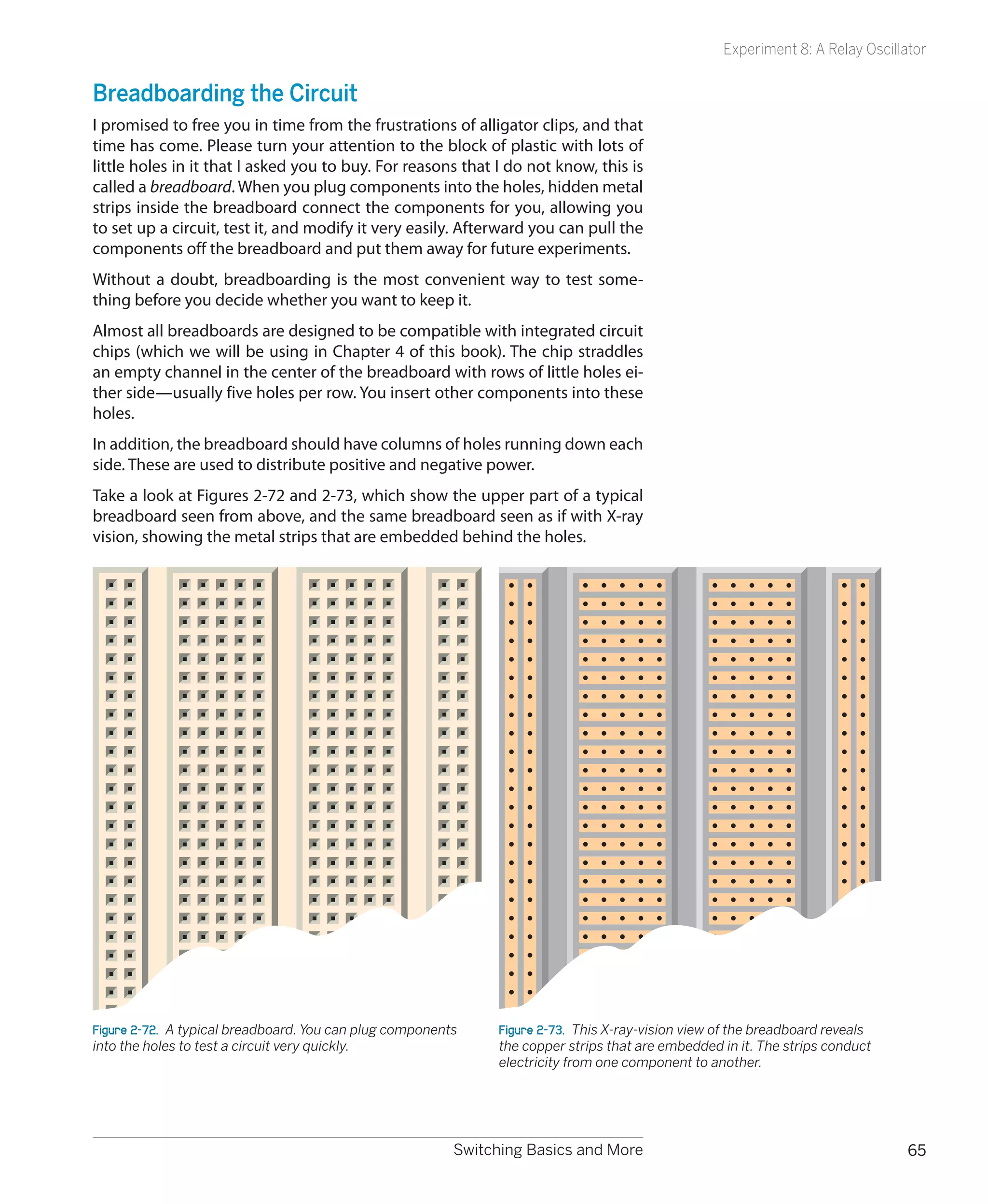 Experiment 8: A Relay Oscillator


Breadboarding the Circuit
I promised to free you in time from the frustrations of alligator clips, and that
time has come. Please turn your attention to the block of plastic with lots of
little holes in it that I asked you to buy. For reasons that I do not know, this is
called a breadboard. When you plug components into the holes, hidden metal
strips inside the breadboard connect the components for you, allowing you
to set up a circuit, test it, and modify it very easily. Afterward you can pull the
components off the breadboard and put them away for future experiments.
Without a doubt, breadboarding is the most convenient way to test some-
thing before you decide whether you want to keep it.
Almost all breadboards are designed to be compatible with integrated circuit
chips (which we will be using in Chapter 4 of this book). The chip straddles
an empty channel in the center of the breadboard with rows of little holes ei-
ther side—usually five holes per row. You insert other components into these
holes.
In addition, the breadboard should have columns of holes running down each
side. These are used to distribute positive and negative power.
Take a look at Figures 2-72 and 2-73, which show the upper part of a typical
breadboard seen from above, and the same breadboard seen as if with X-ray
vision, showing the metal strips that are embedded behind the holes.




Figure 2-72.  A typical breadboard. You can plug components    Figure 2-73.  This X-ray-vision view of the breadboard reveals
into the holes to test a circuit very quickly.                 the copper strips that are embedded in it. The strips conduct
                                                               electricity from one component to another.




                                                          Switching Basics and More                                              65
 