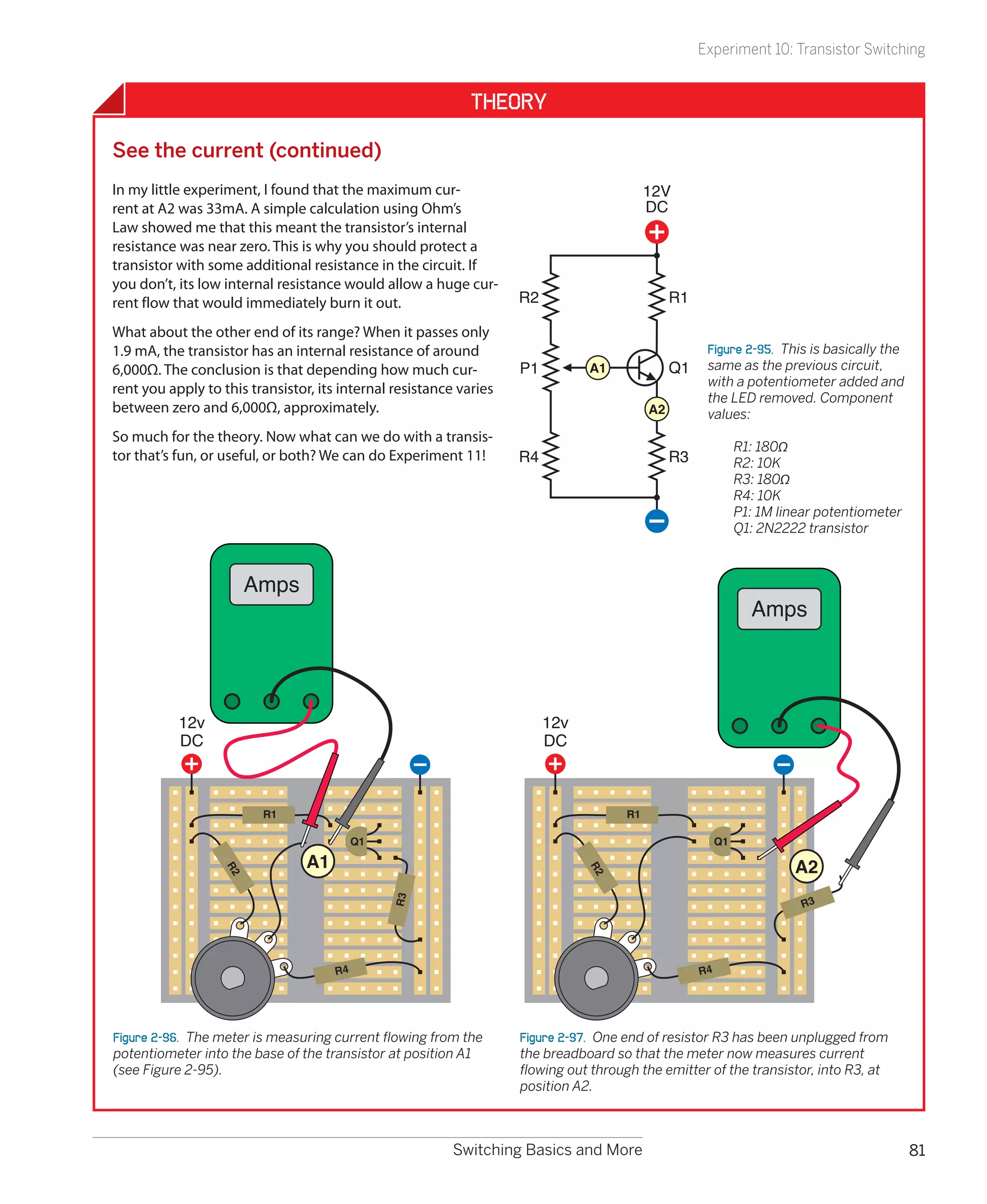 Experiment 10: Transistor Switching


                                                             Theory

See the current (continued)
In my little experiment, I found that the maximum cur-                                    12V
rent at A2 was 33mA. A simple calculation using Ohm’s                                     DC
Law showed me that this meant the transistor’s internal
resistance was near zero. This is why you should protect a
transistor with some additional resistance in the circuit. If
you don’t, its low internal resistance would allow a huge cur-
rent flow that would immediately burn it out.                       R2                         R1

What about the other end of its range? When it passes only
1.9 mA, the transistor has an internal resistance of around                                          Figure 2-95.  This is basically the
6,000Ω. The conclusion is that depending how much cur-              P1         A1              Q1    same as the previous circuit,
                                                                                                     with a potentiometer added and
rent you apply to this transistor, its internal resistance varies
                                                                                                     the LED removed. Component
between zero and 6,000Ω, approximately.                                                   A2         values:
So much for the theory. Now what can we do with a transis-
                                                                                                     	        R1: 180Ω
tor that’s fun, or useful, or both? We can do Experiment 11!        R4                         R3    	        R2: 10K
                                                                                                     	        R3: 180Ω
                                                                                                     	        R4: 10K
                                                                                                     	        P1: 1M linear potentiometer
                                                                                                     	        Q1: 2N2222 transistor



                      Amps
                                                                                                                Amps




           12v                                                           12v
           DC                                                            DC



                         R1                                                          R1

                                           Q1                                                            Q1

                                 A1                                                                                    A2
                  R2




                                                                               R2




                                                                                                                         R3
                                                R3




                                      R4                                                            R4




Figure 2-96.  The meter is measuring current flowing from the       Figure 2-97.  One end of resistor R3 has been unplugged from
potentiometer into the base of the transistor at position A1        the breadboard so that the meter now measures current
(see Figure 2-95).                                                  flowing out through the emitter of the transistor, into R3, at
                                                                    position A2.



                                                          Switching Basics and More                                                         81
 