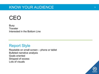 KNOW YOUR AUDIENCE
CEO
19
Busy
Traveler
Interested in the Bottom Line
Report Style
Readable on small screen – phone or tablet
Bulleted narrative analysis
Goals oriented
Stripped of excess
Lots of visuals
 