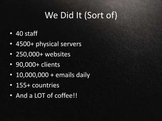 We Did It (Sort of)
• 40 staff
• 4500+ physical servers
• 250,000+ websites
• 90,000+ clients
• 10,000,000 + emails daily
• 155+ countries
• And a LOT of coffee!!
 