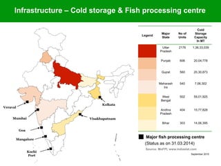 September 2015
Legend
Major
State
No of
Units
Cold
Storage
Capacity
In MT
Uttar
Pradesh
2176 1,36,33,039
Punjab 606 20,04,778
Gujrat 560 20,30,873
Maharash
tra
540 7,06,302
West
Bengal
502 59,01,925
Andhra
Pradesh
404 15,77,828
Bihar 303 14,06,395
Source: MoFPI, www.indiastat.com
(Status as on 31.03.2014)
Veraval
Mumbai
Kochi
Port
Visakhapatnam
Mangalore
Kolkata
Goa
Major fish processing centre
Infrastructure – Cold storage & Fish processing centre
 