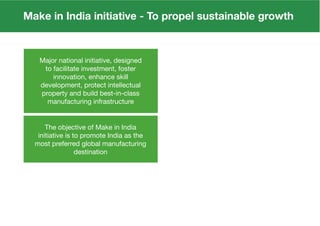 Major national initiative, designed
to facilitate investment, foster
innovation, enhance skill
development, protect intellectual
property and build best-in-class
manufacturing infrastructure
The objective of Make in India
initiative is to promote India as the
most preferred global manufacturing
destination
 