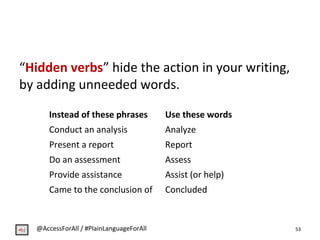 53
“Hidden verbs” hide the action in your writing,
by adding unneeded words.
Instead of these phrases Use these words
Cond...