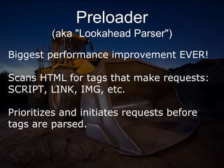 Preloader
(aka "Lookahead Parser")
Biggest performance improvement EVER!
Scans HTML for tags that make requests:
SCRIPT, LINK, IMG, etc.
Prioritizes and initiates requests before
tags are parsed.
 